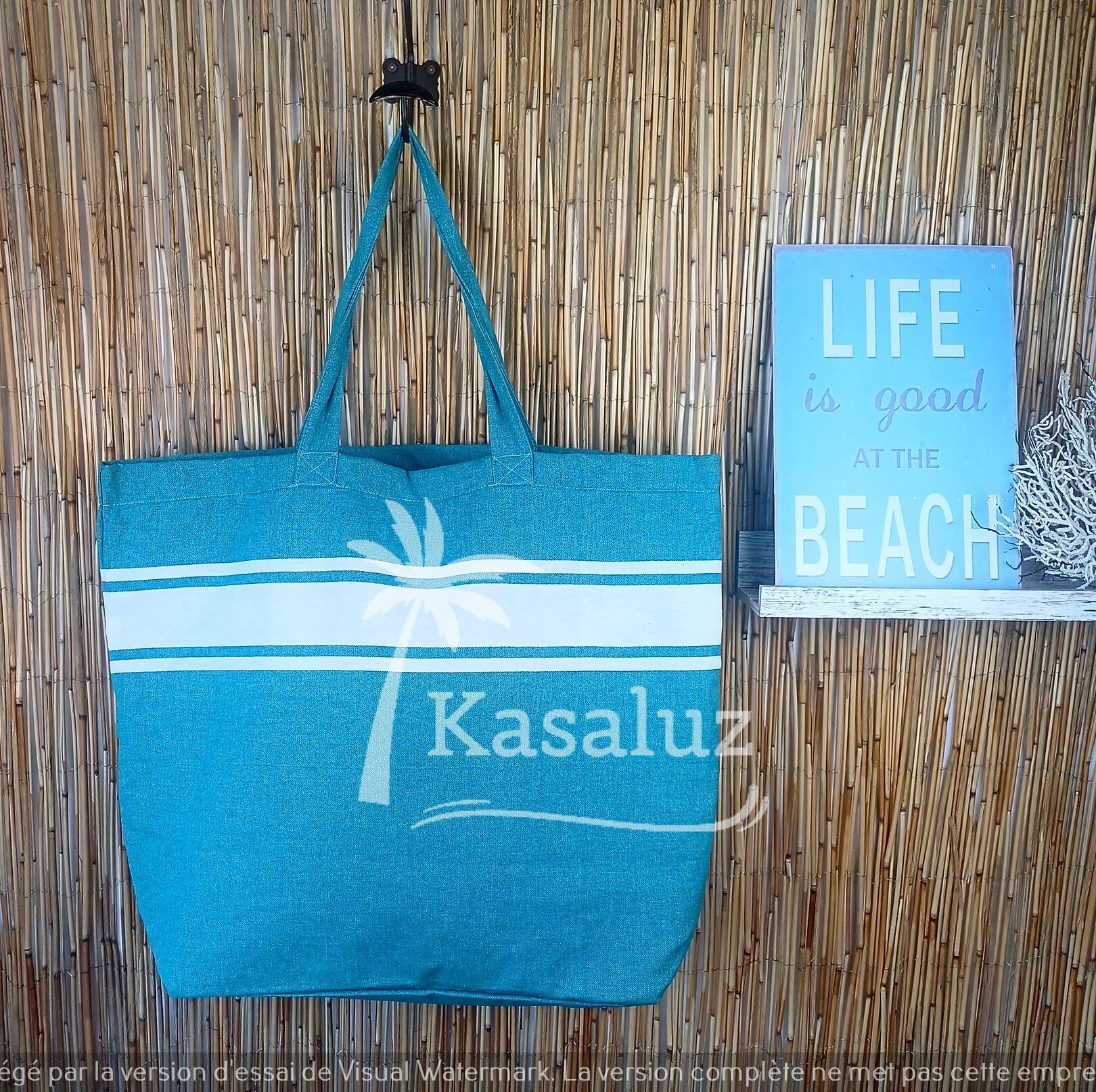 Borsa da spiaggia 100% cotone con fodera in plastica - Blu Pavone