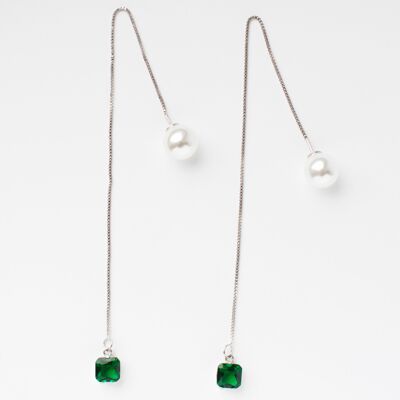 Pearl Emerald Crystal Chain Silver Earrings
