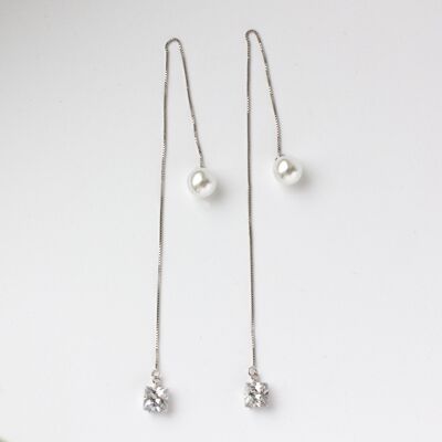 Pearl Crystal Chain Silver Earrings