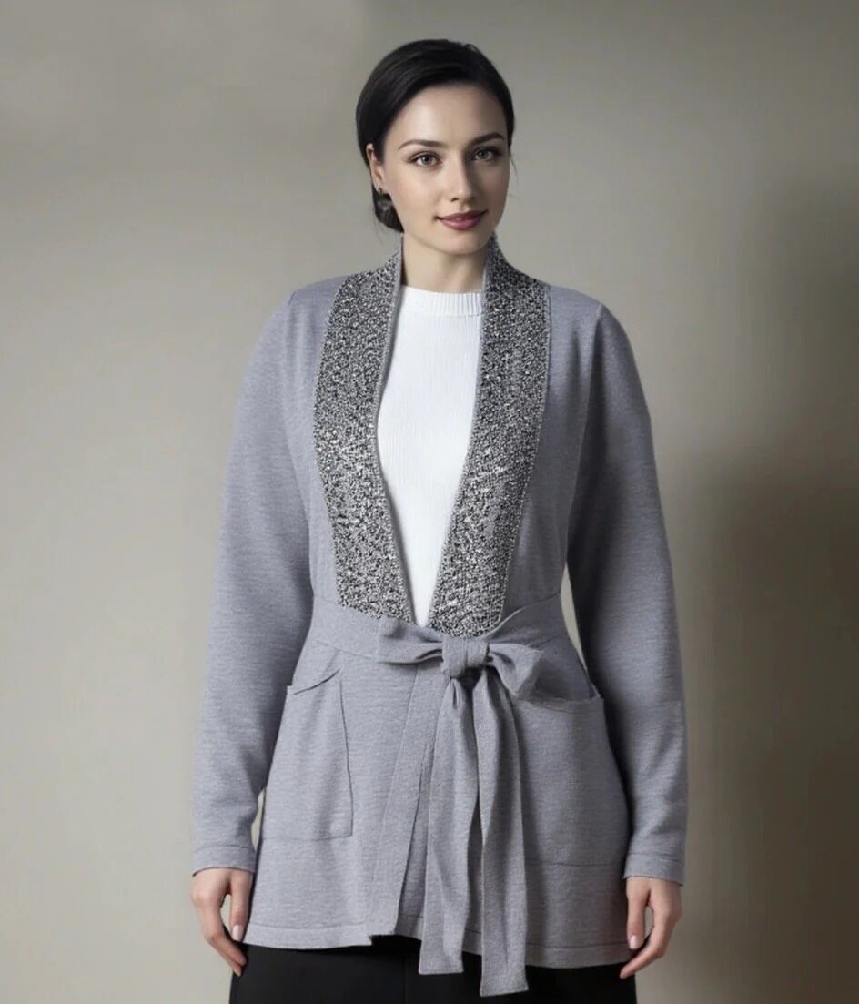 Cárdigan con bolsillo y cinturón con ribete de leopardo y diamantes de imitación