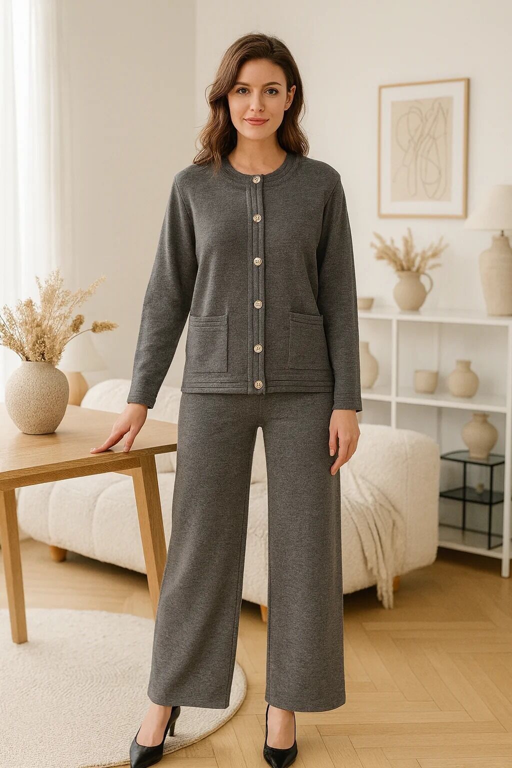 Conjunto clásico de dos piezas liso con botones dorados