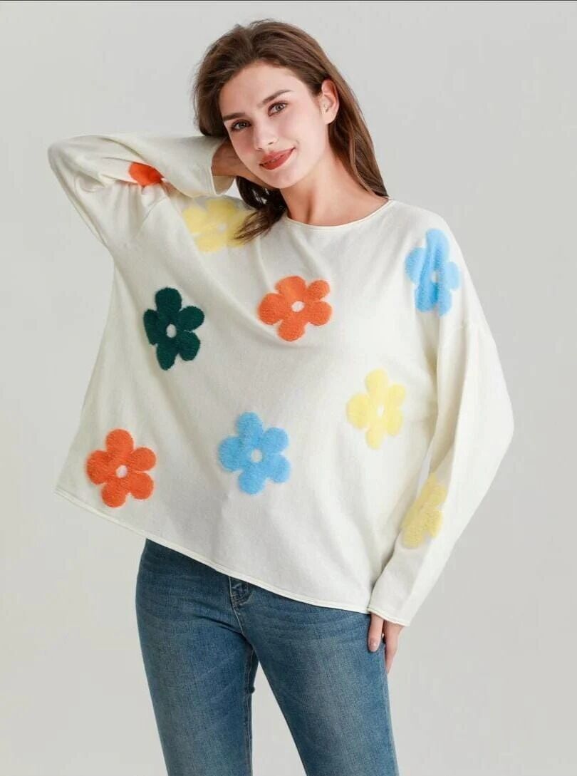 Jersey de punto fino suave con margaritas y bouclé multicolor