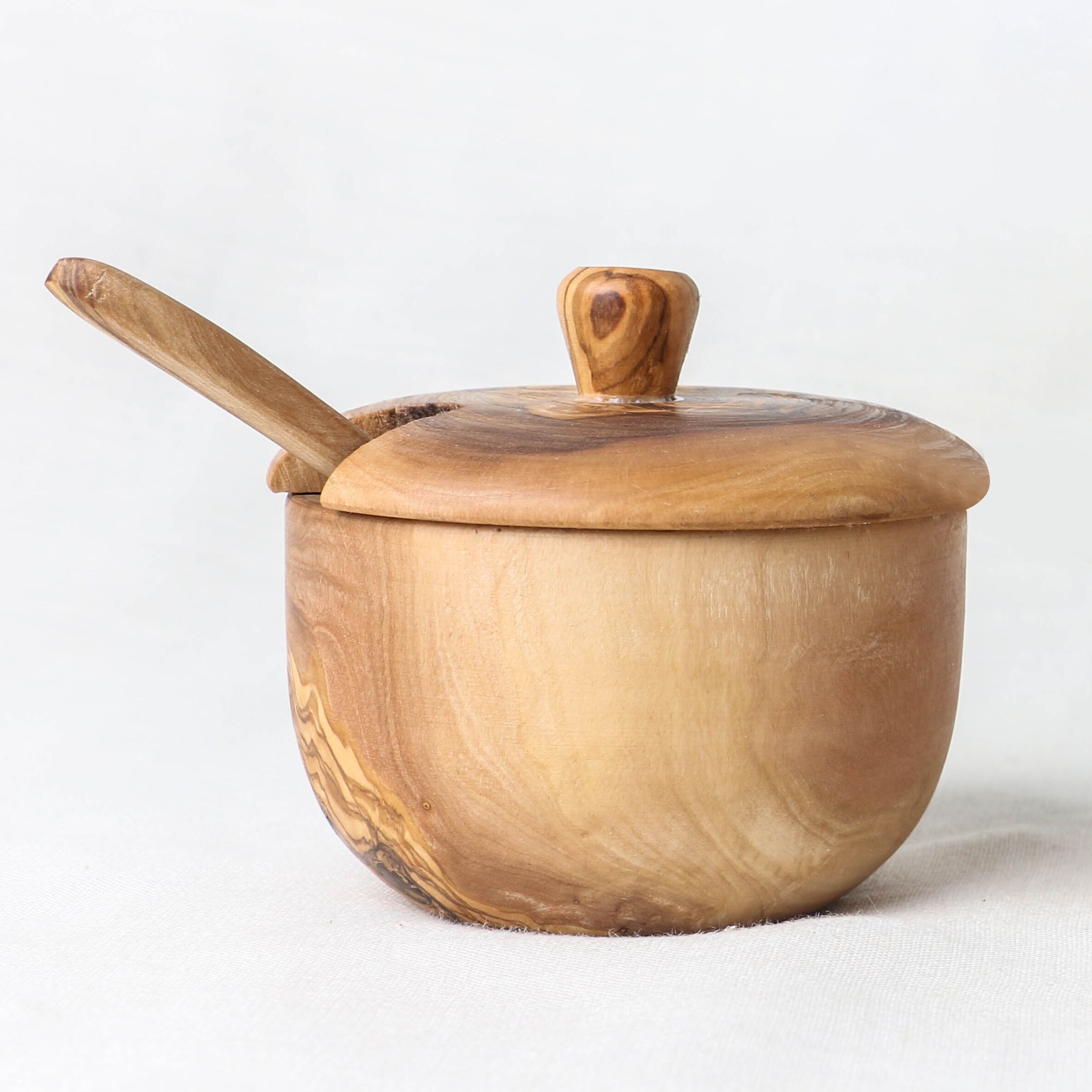 Saliera in legno d'ulivo fatta a mano con cucchiaio e coperchio