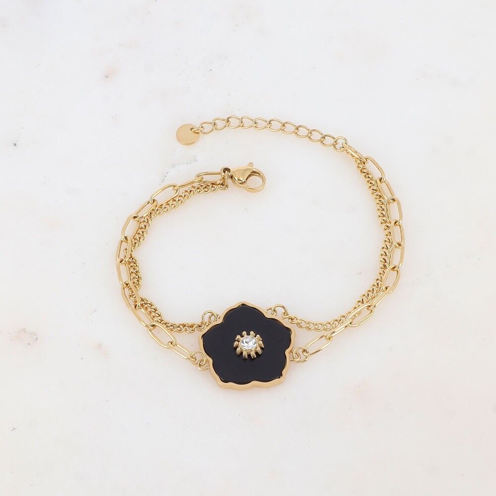 Two-strand bracelet with natural stone flower and rhinestones