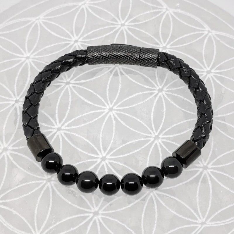 Schlichtes Lederarmband – Schwarzer Obsidian