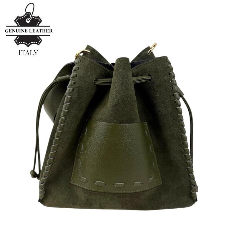 Borsa a secchiello in pelle scamosciata con scomparto anteriore