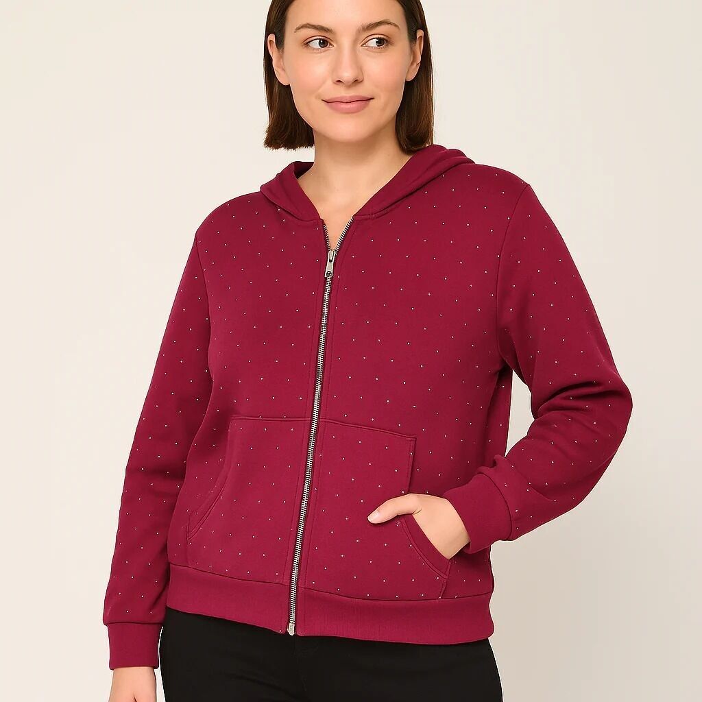 Felpa con cappuccio con cerniera e fissaggio a caldo con diamante