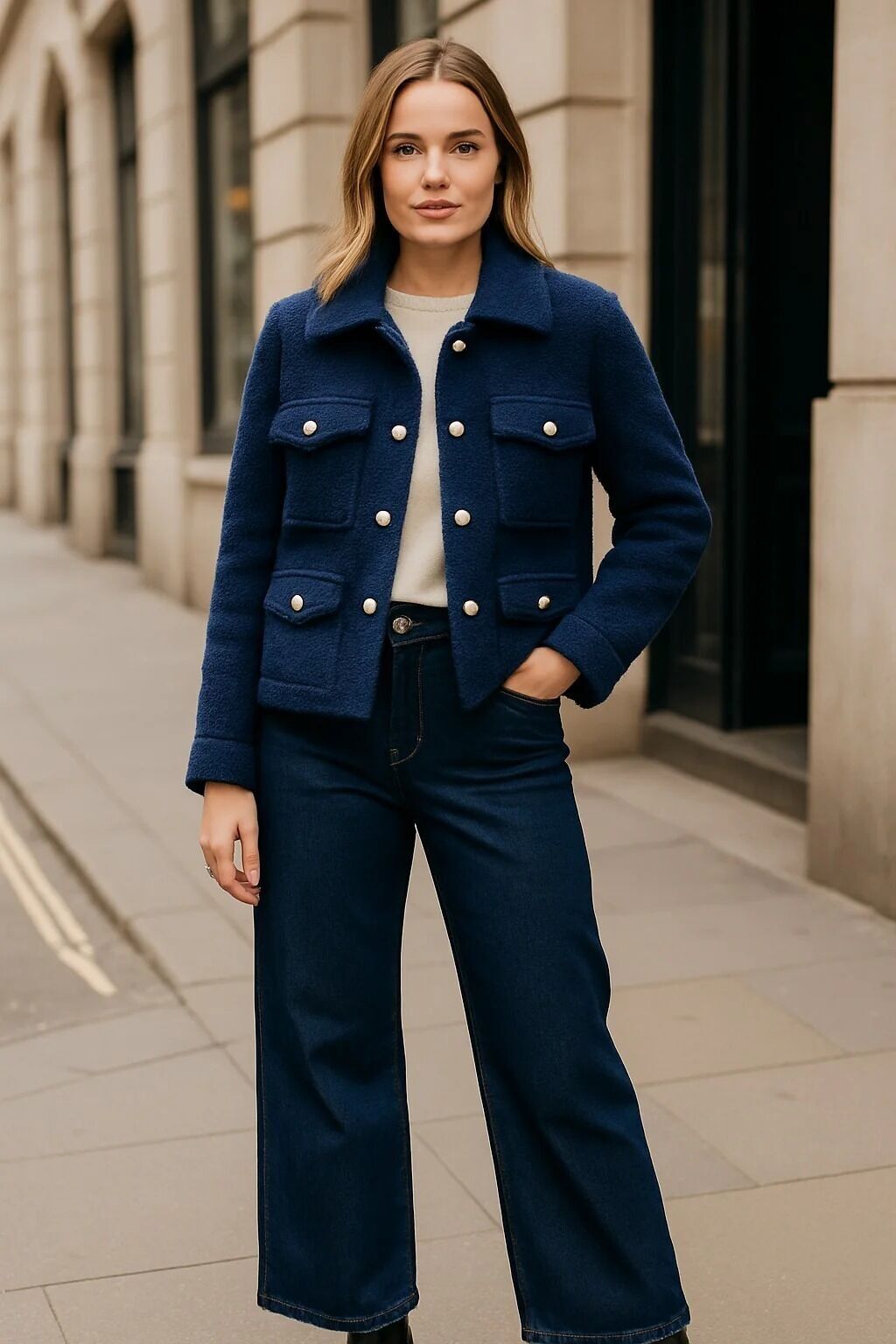 Giacca in cotone e lana bouclé con bottoni in perla CH