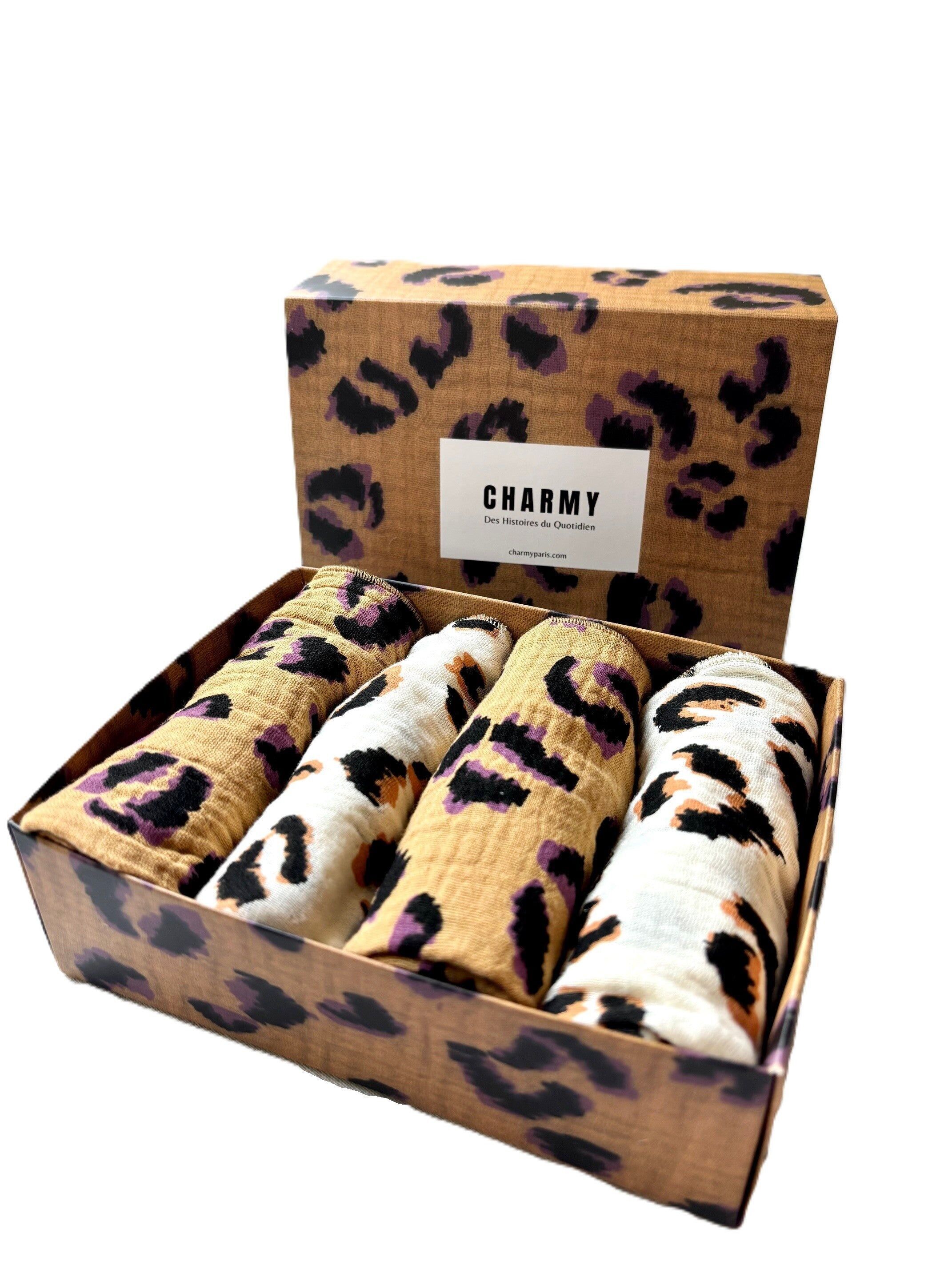 Set of 4 Napkins – Cotton Gauze – Ecru & Tan Leopard – 40x40 cm