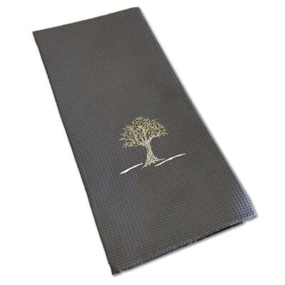 Embroidered tea towel and cotton hand towel in dark gray olive tree