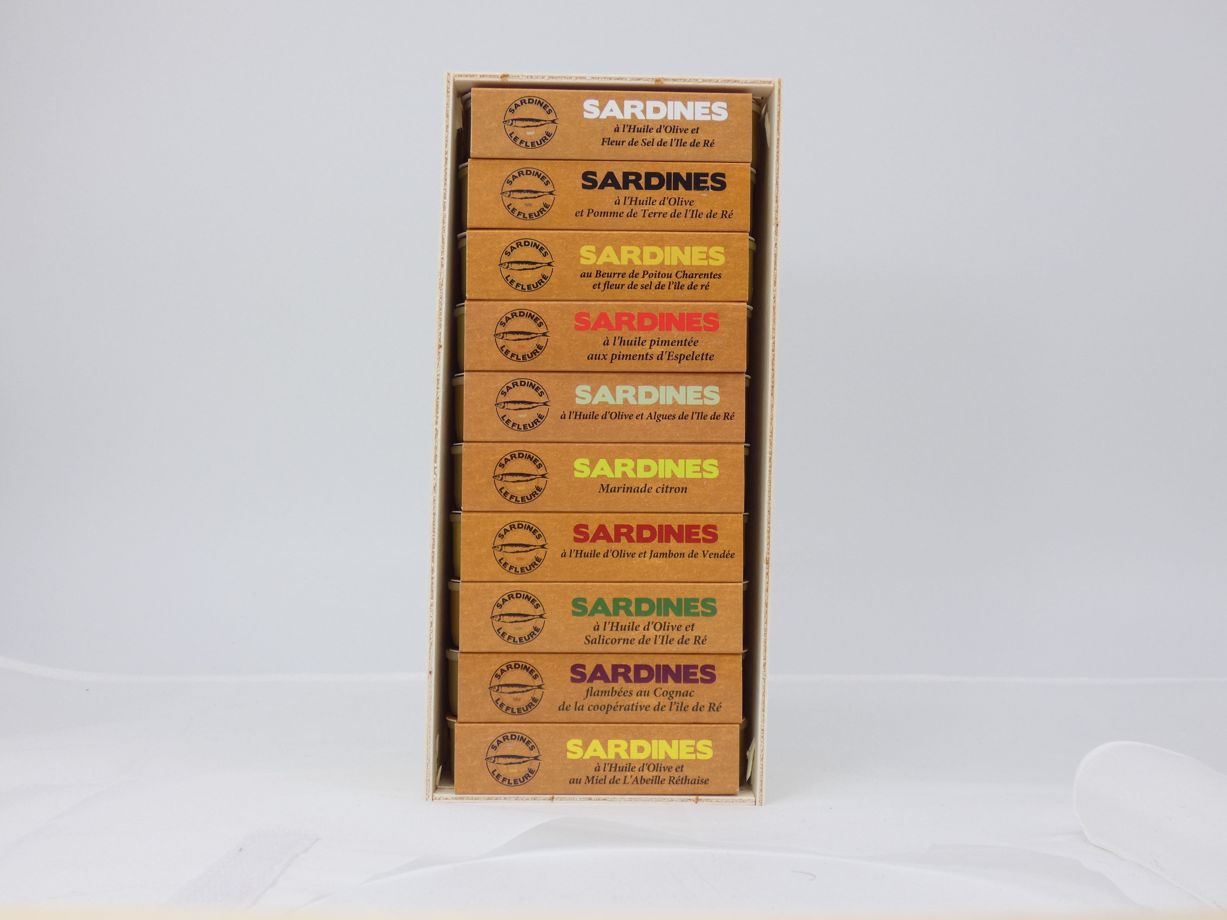 Gift box for 10 wooden sardine tins, Bourriche style