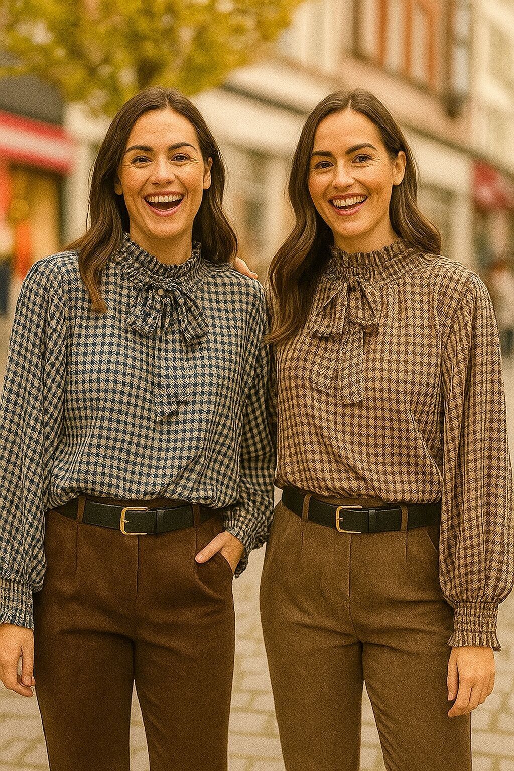 Blusa oversize in Tencel con fiocco a quadri e maniche a sbuffo