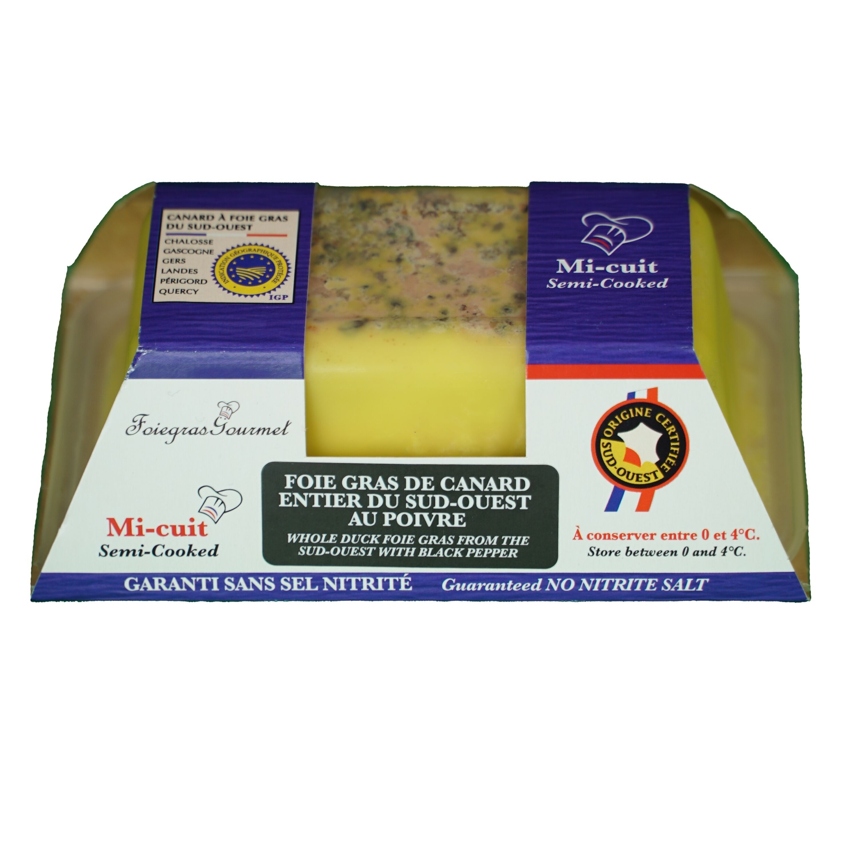 Foie gras d'anatra intero del sud-ovest, semicotto al pepe nero, 250 g