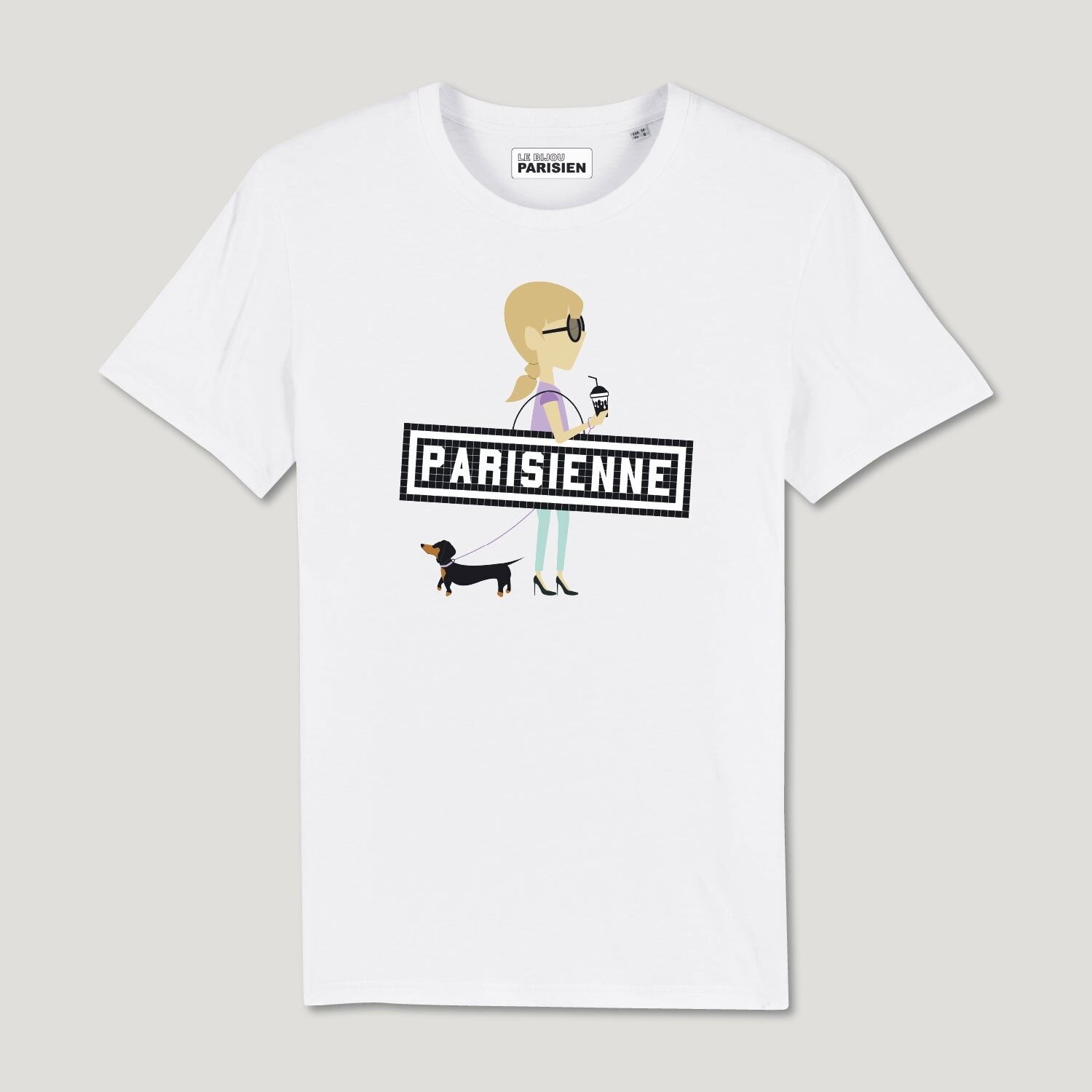 PRINTED ORGANIC COTTON T-SHIRT - PARISIAN DACHSHUND - WHITE