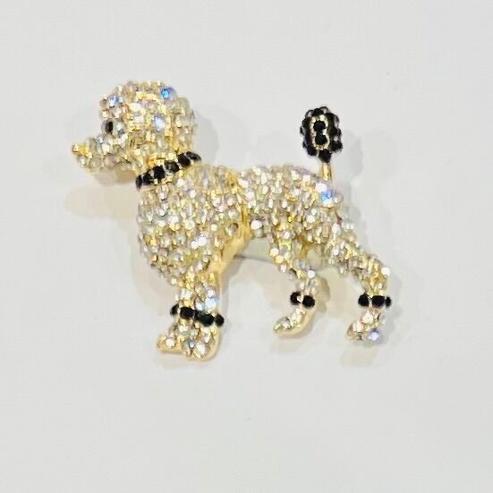 Spilla a forma di barboncino con strass e glitter dorati