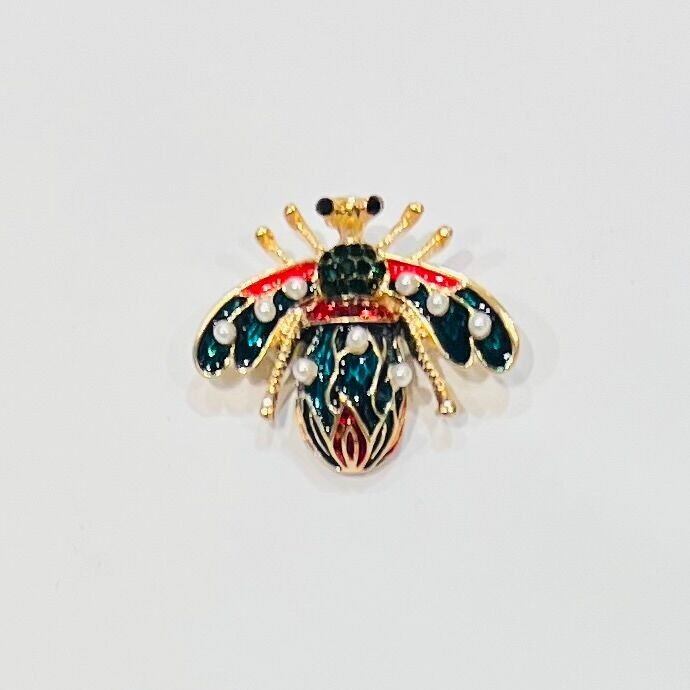 Bee brooch with pearls and enameled rhinestones