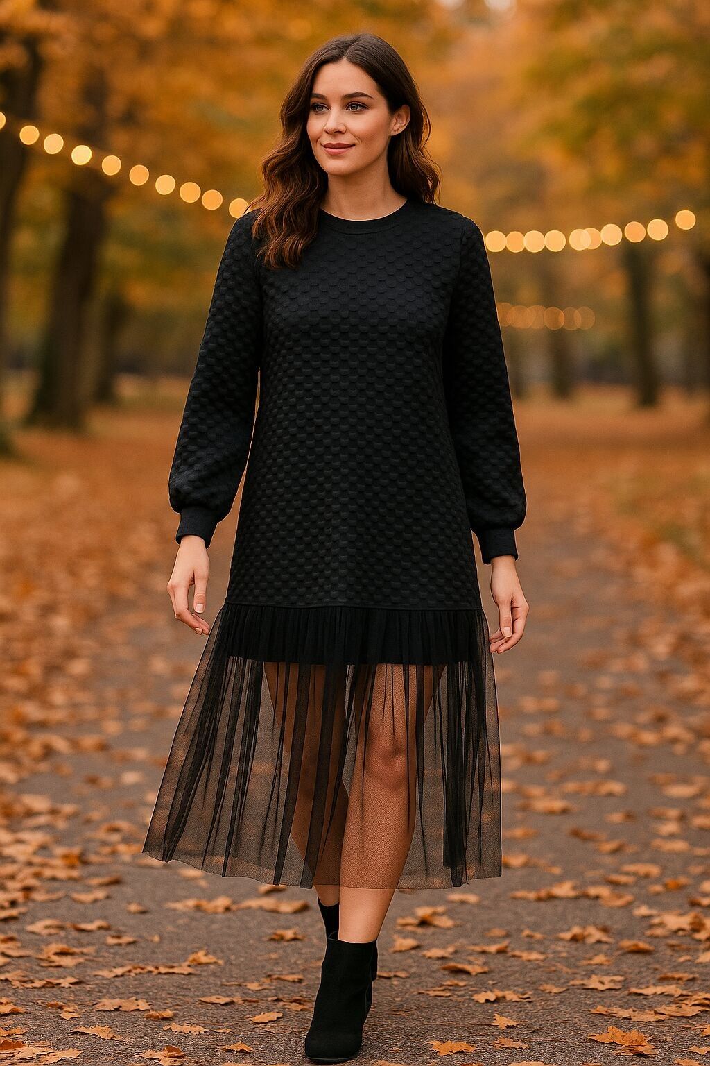 Abito lungo in pizzo nero con elastan e maglia di cotone