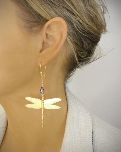 Gold dragonfly earrings with Tanzanite Swaroski crystals