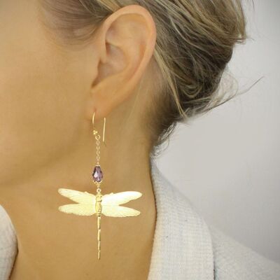 Gold dragonfly earrings with tanzanite Swaroski crystals