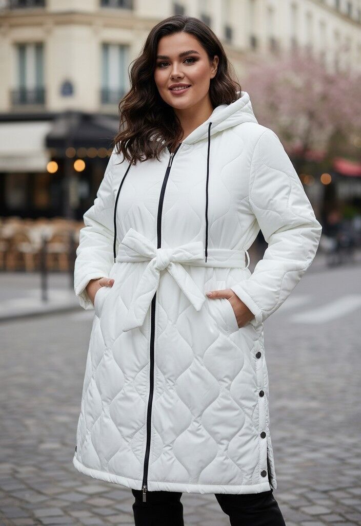 Chaqueta de plumas con abertura y cinturón blanco de talla grande (T3020)