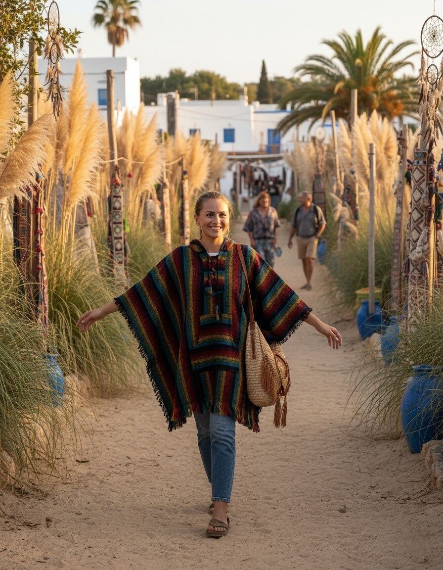 Poncho boho unisex con cappuccio | Kimago