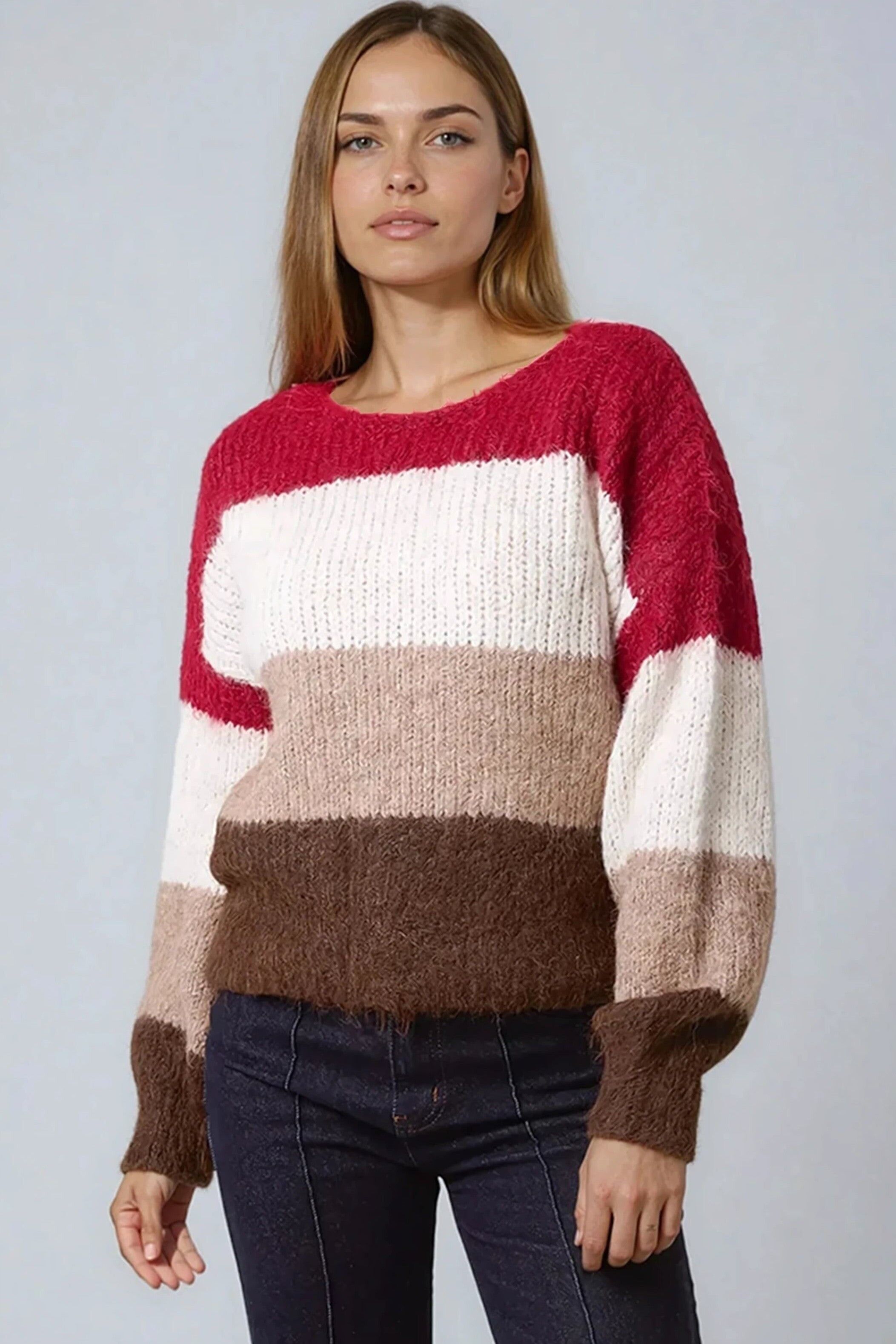 Pull en maille color block couleur bordeaux mélangé laine