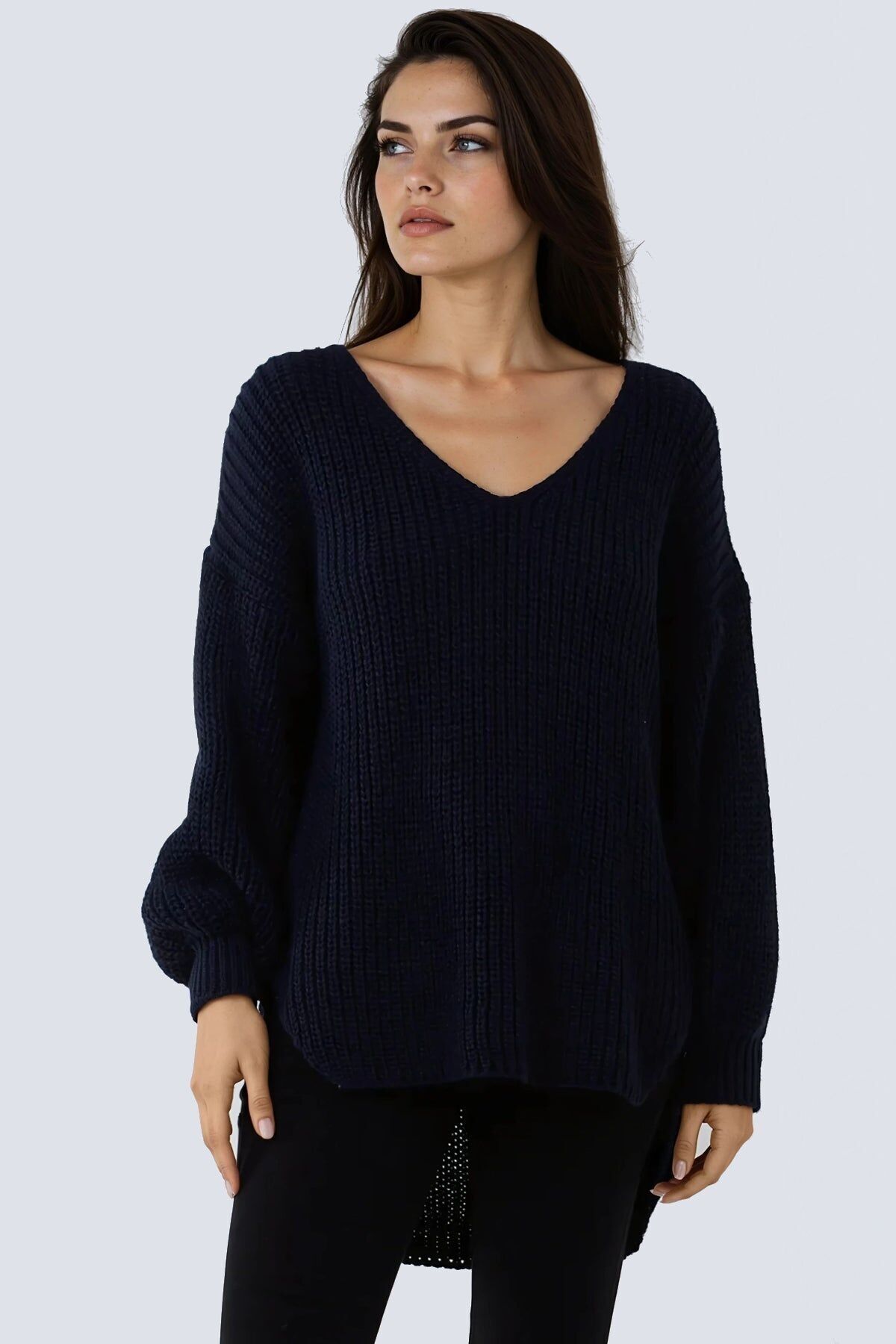 Maglione oversize in maglia grossa con scollo a V blu navy
