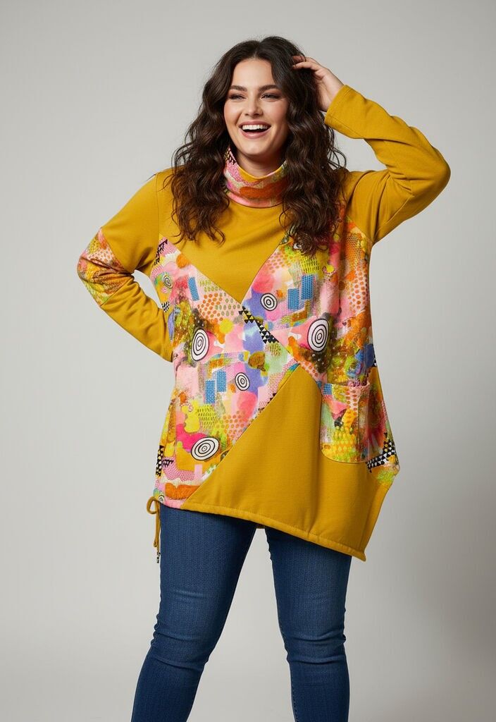 T-shirt col roulé grande taille imprimé jaune (T91756)