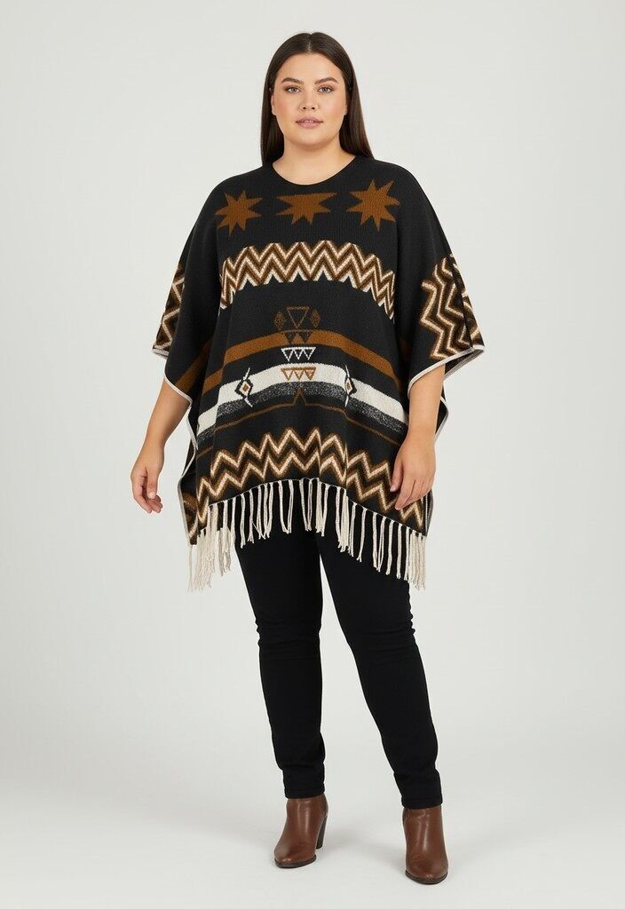 Capa con flecos de gran tamaño con estampado negro (T08012)