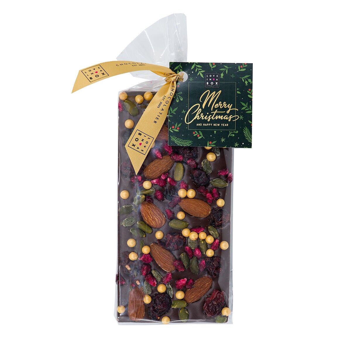 Tavoletta di cioccolato natalizio fondente con mirtilli rossi, mandorle e pistacchi – tavoletta di cioccolato natalizio fondente con noci, frutta e perle