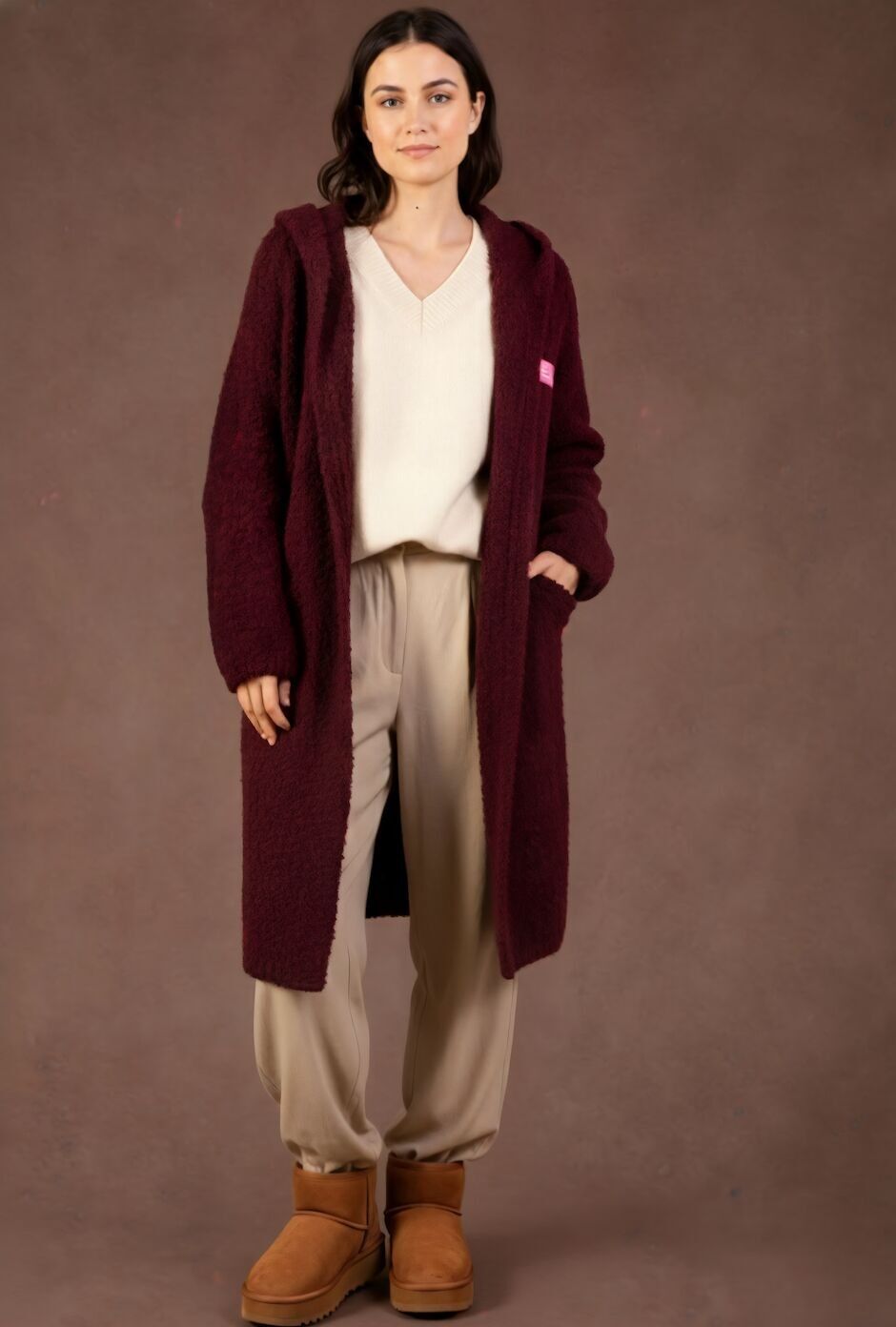 Cardigan lungo con cappuccio in maglia bouclette PV2558