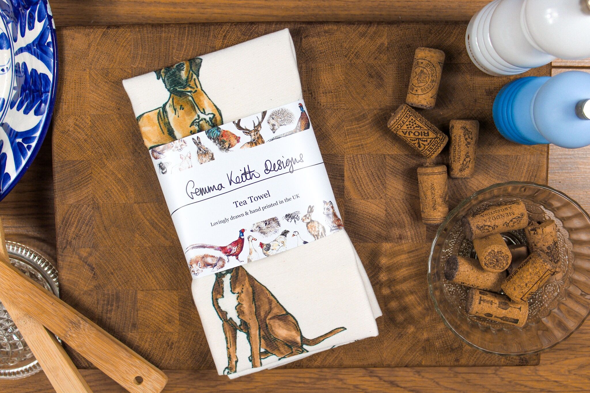 Strofinaccio stampato a mano con cane Boxer in cotone e poliestere riciclato 50x70cm