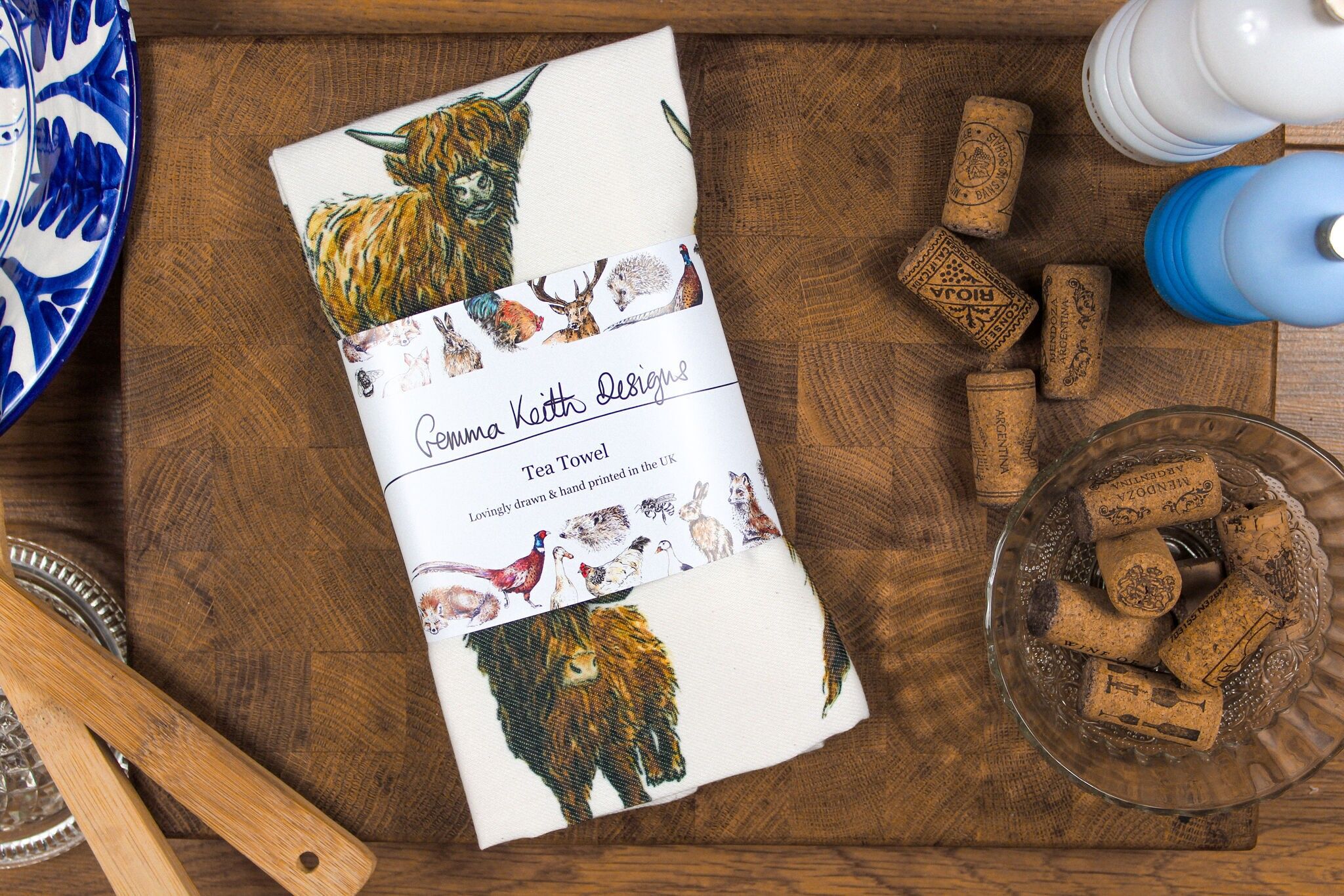 Asciugamano da cucina stampato a mano con mucca delle Highlands in cotone e poliestere riciclato 50x70cm