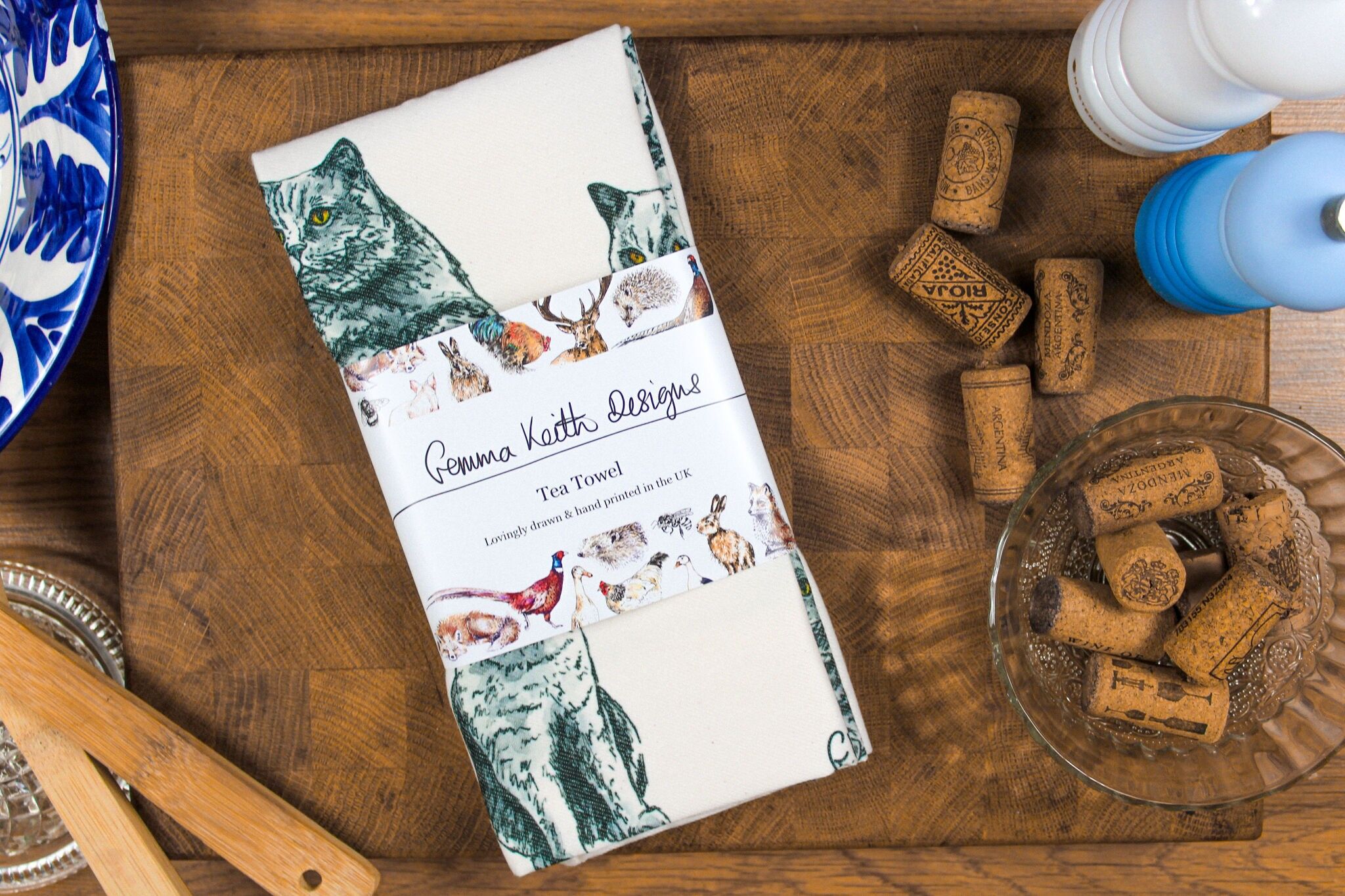 Strofinaccio stampato a mano con gatto blu britannico in cotone e poliestere riciclato, 50x70 cm