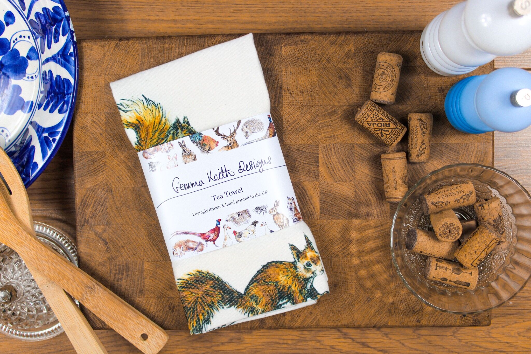 Strofinaccio stampato a mano con scoiattolo rosso in cotone e poliestere riciclato, 50x70 cm