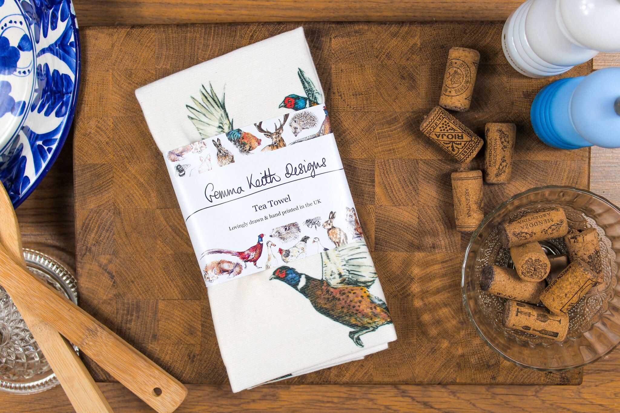 Strofinaccio stampato a mano con fagiani in cotone e poliestere riciclato 50x70 cm