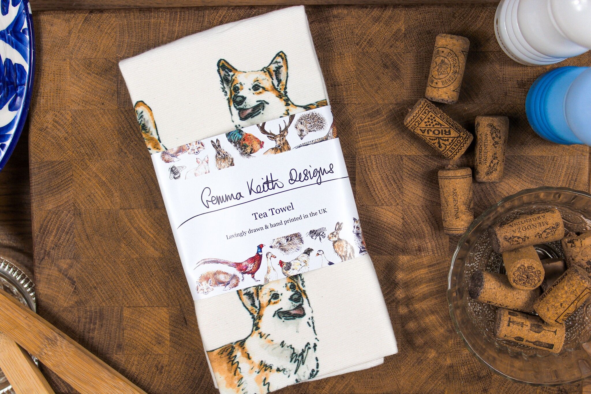 Corgi Dog Hand Printed Tea Towel Cotton + Recycled Polyester 50x70cm