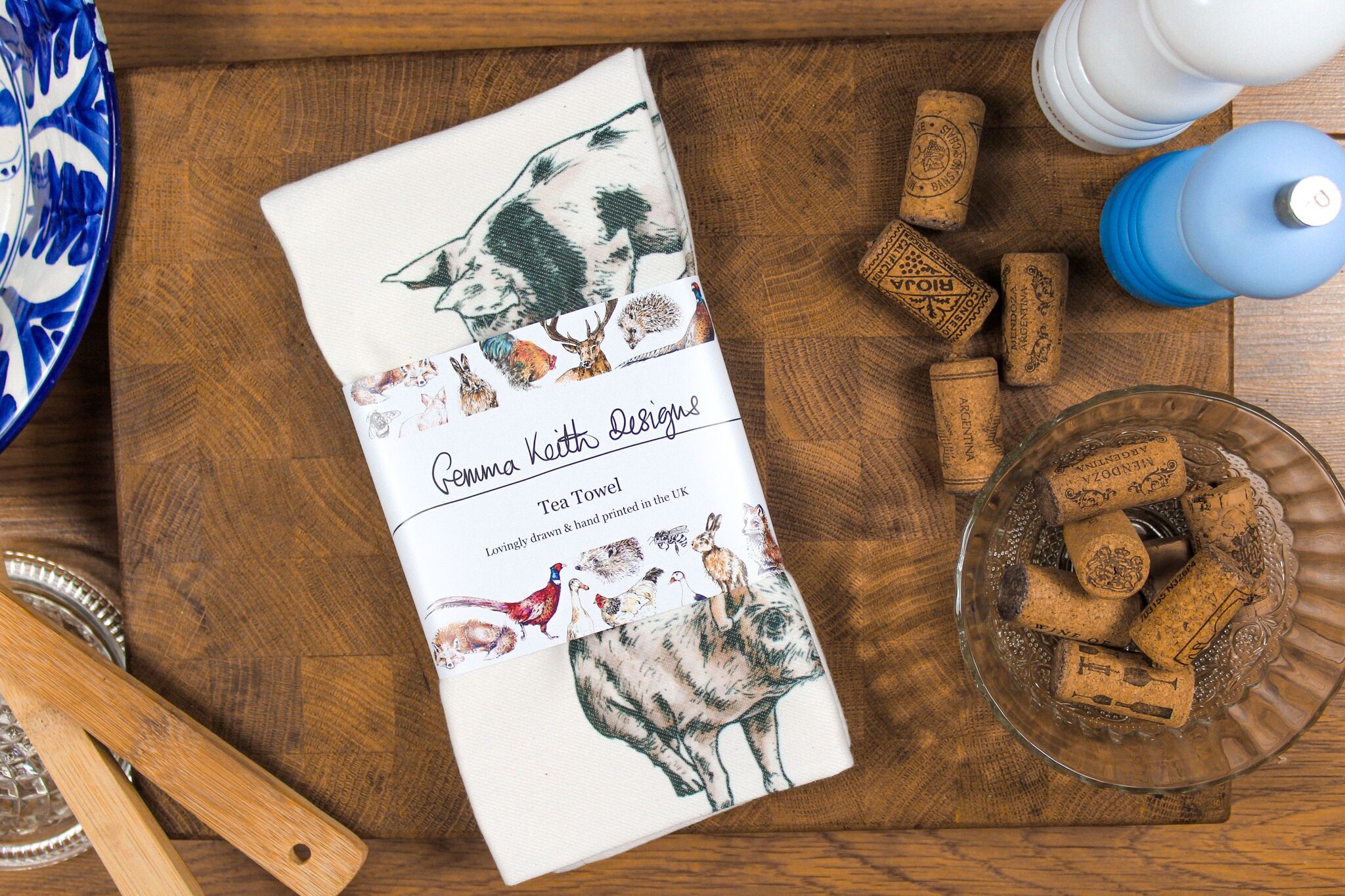 Strofinaccio stampato a mano con maialini in cotone e poliestere riciclato 50x70cm