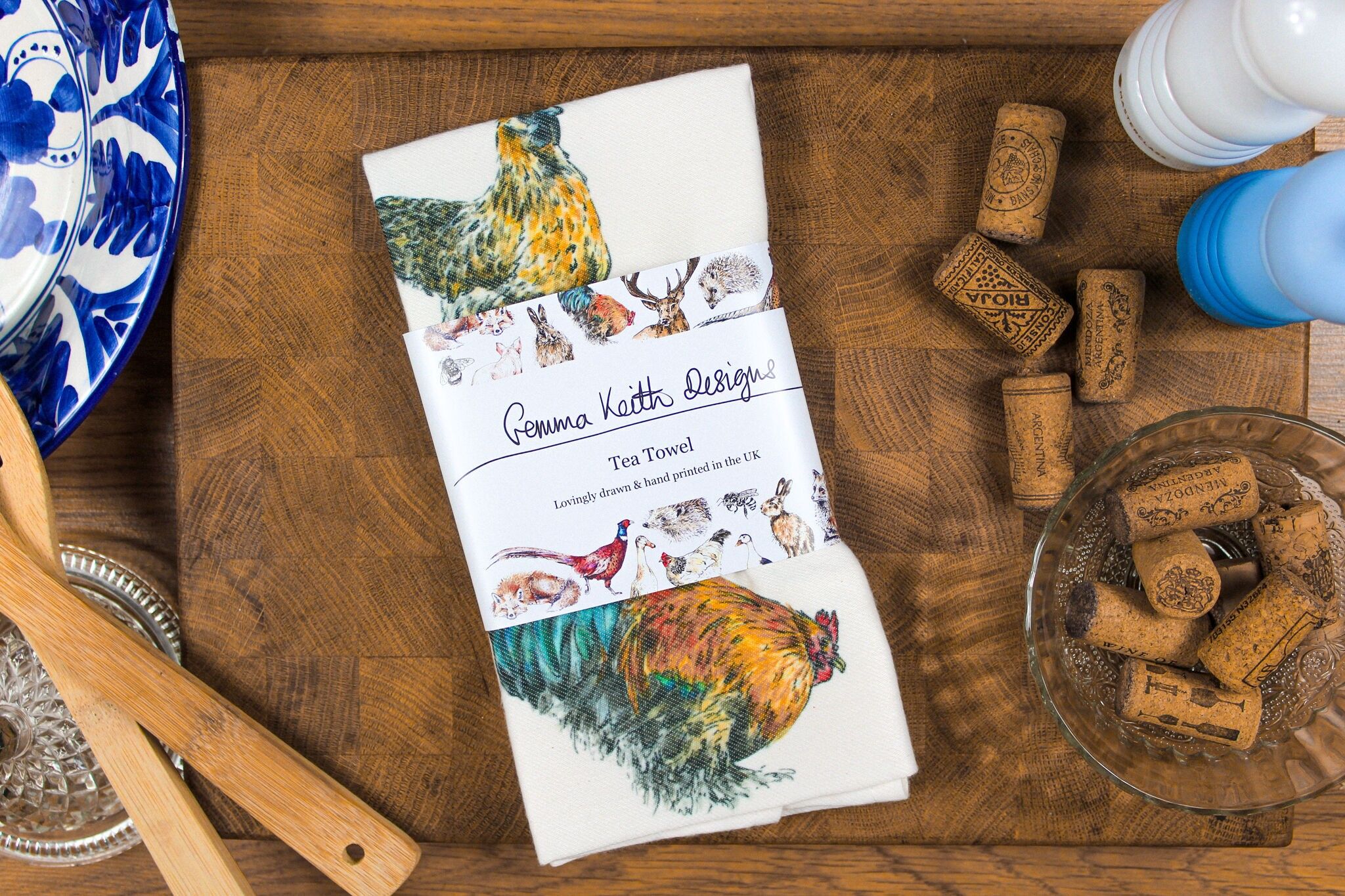 Chickens Hens Hand Printed Tea Towel Cotton + Recycled Polyester 50x70cm