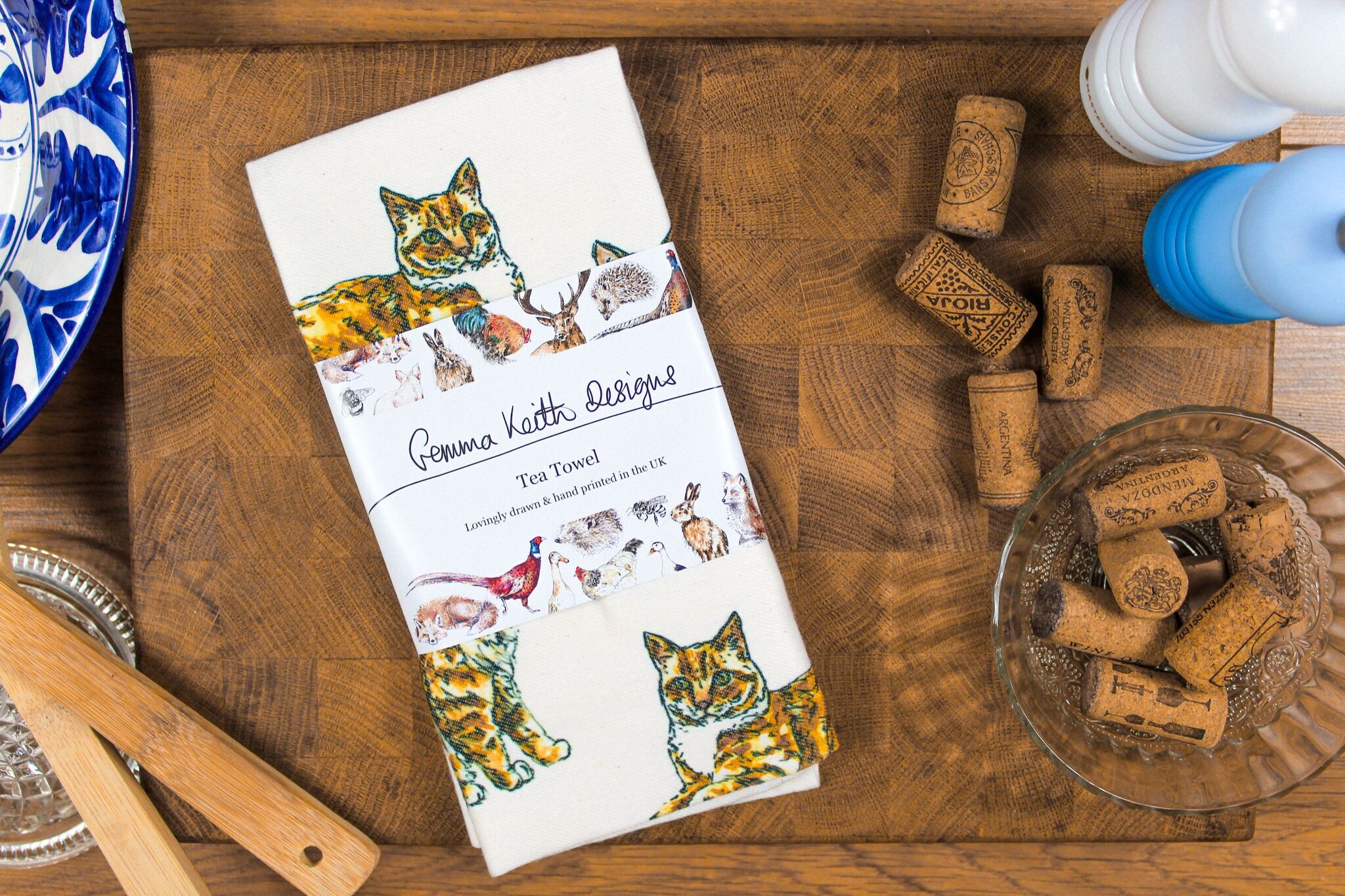 Strofinaccio stampato a mano con gatto soriano zenzero in cotone e poliestere riciclato 50x70 cm