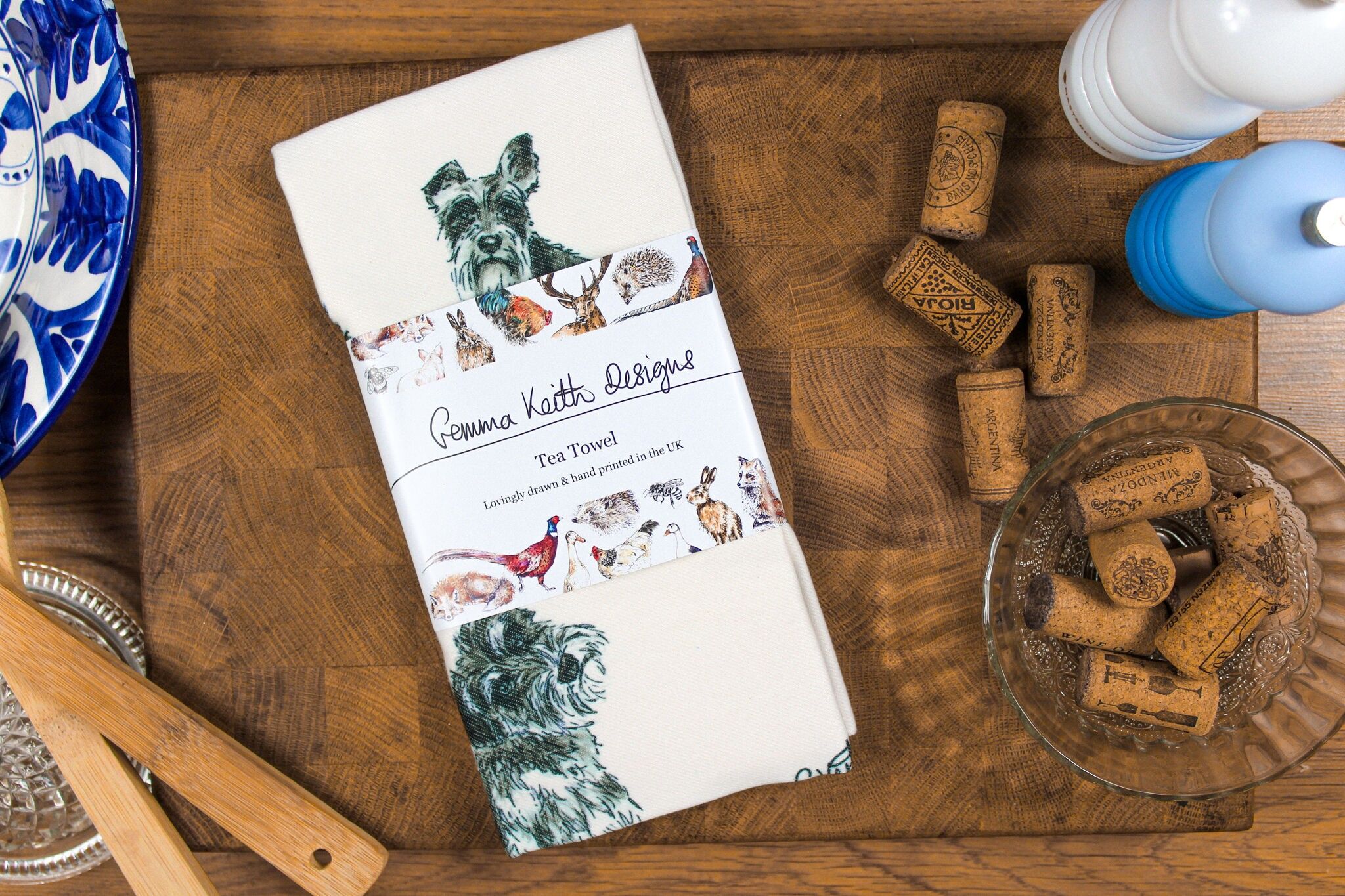 Strofinaccio stampato a mano con cane Schnauzer in cotone e poliestere riciclato 50x70 cm