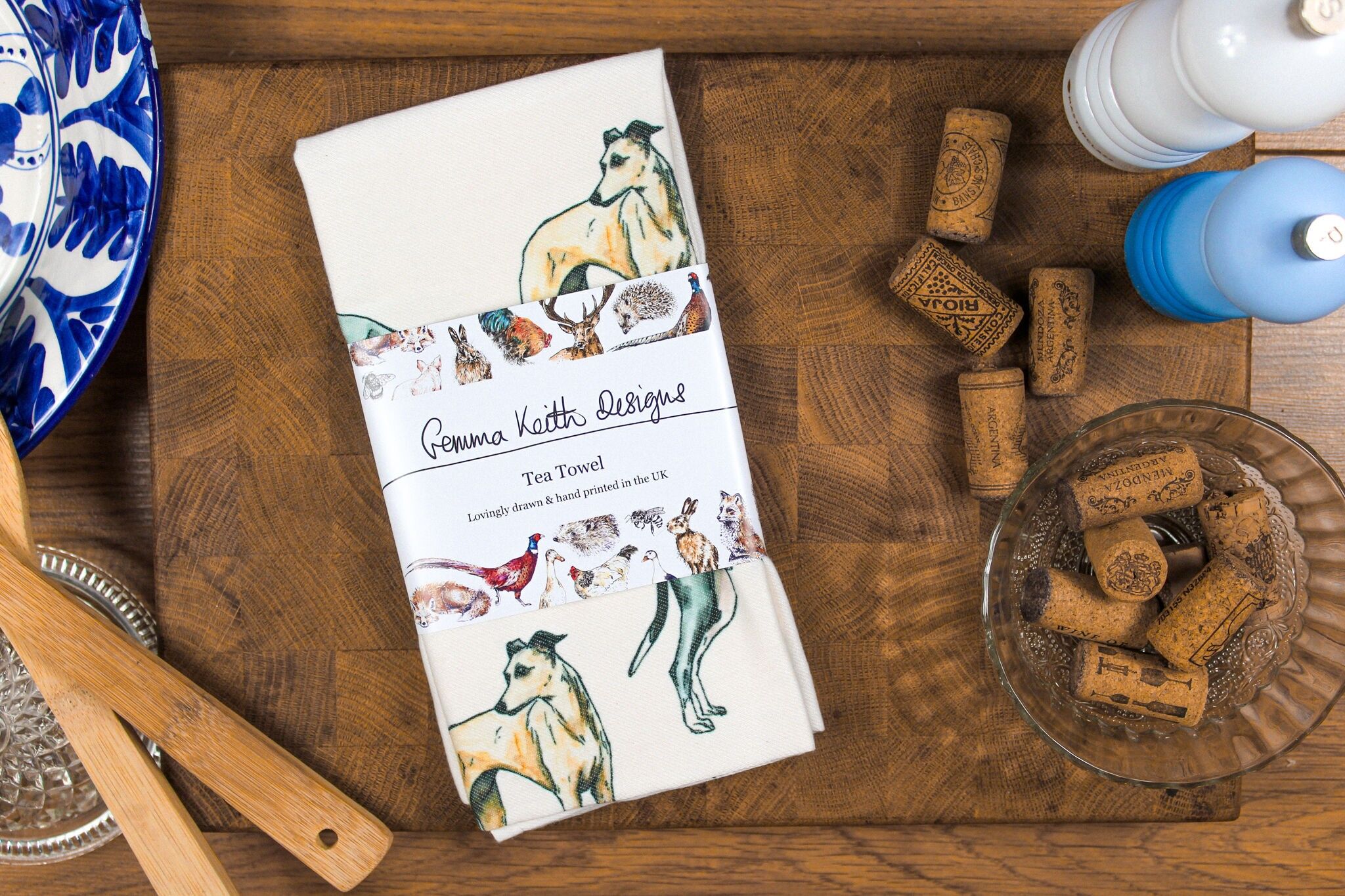 Whippet Dog Hand Printed Tea Towel Cotton + Recycled Polyester 50x70cm