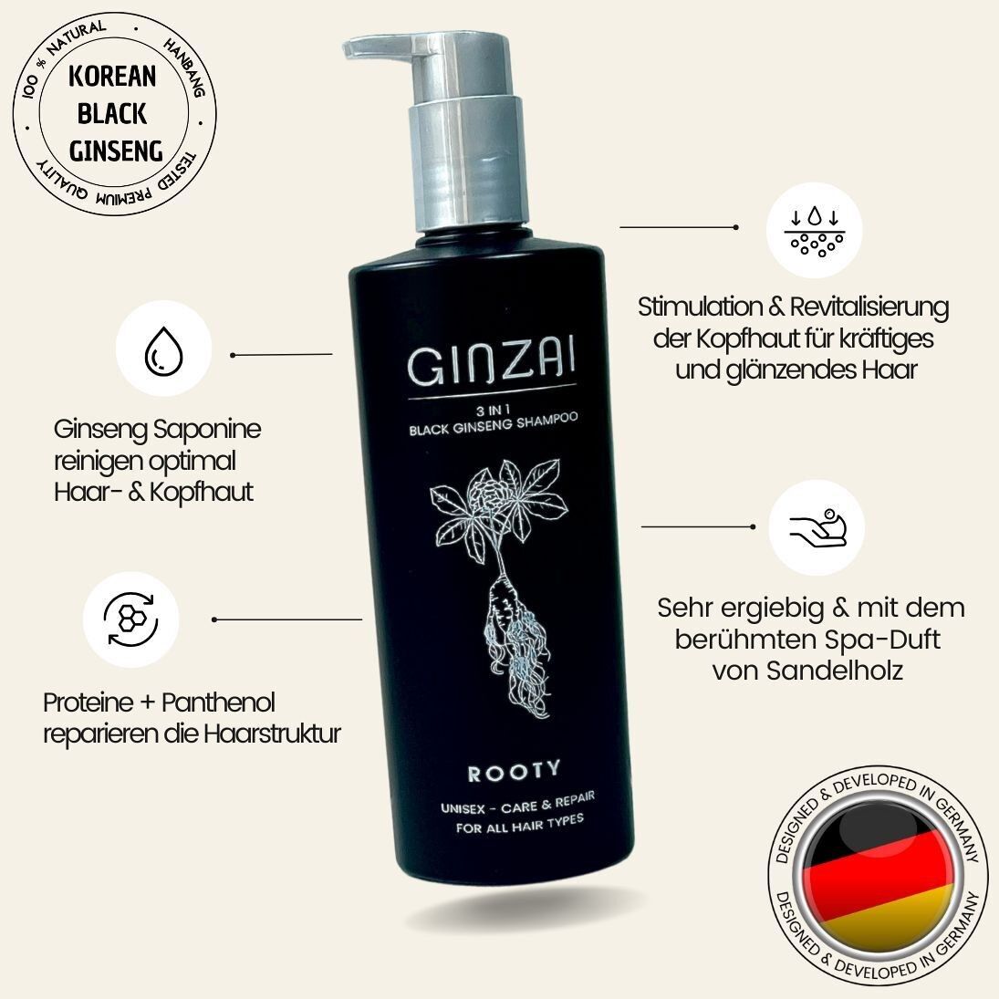 ROOTY - Shampoo 3 in 1 al ginseng nero - 300 ml