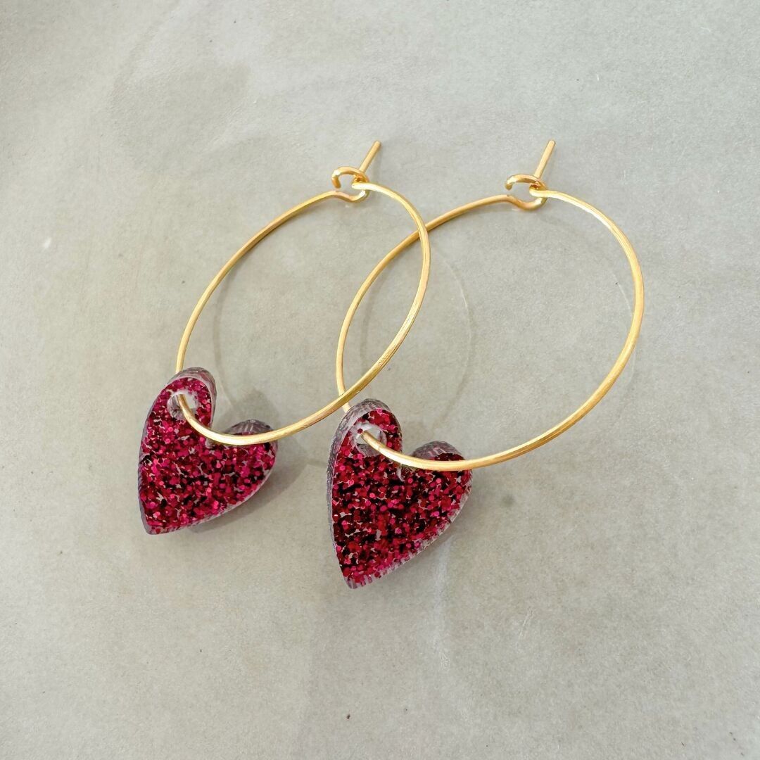 Festliche Ohrringe mit Leuchtanhängern | Herzen - Weinrot