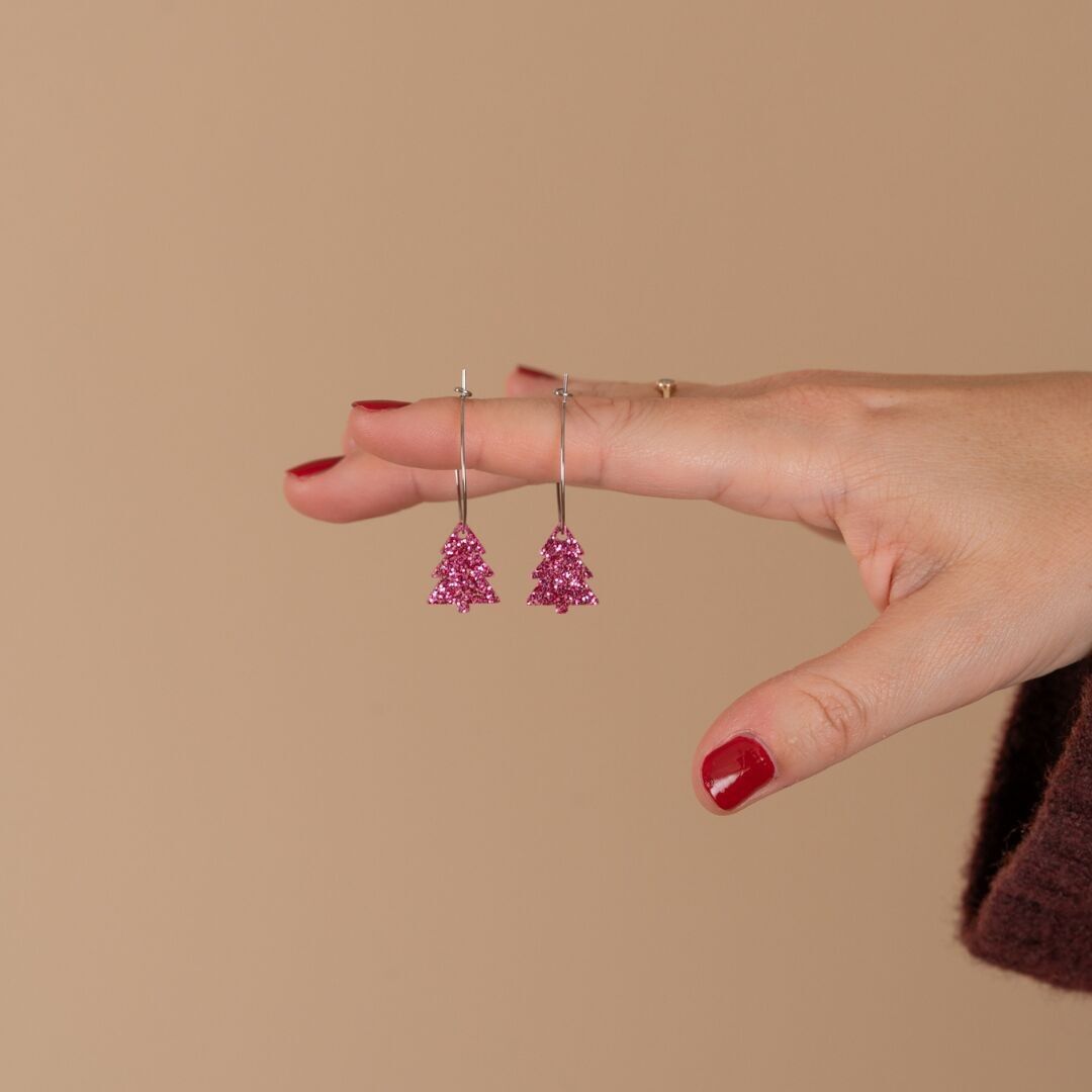 Festliche Ohrringe mit Leuchtanhänger | Weihnachtsbaum - Magenta