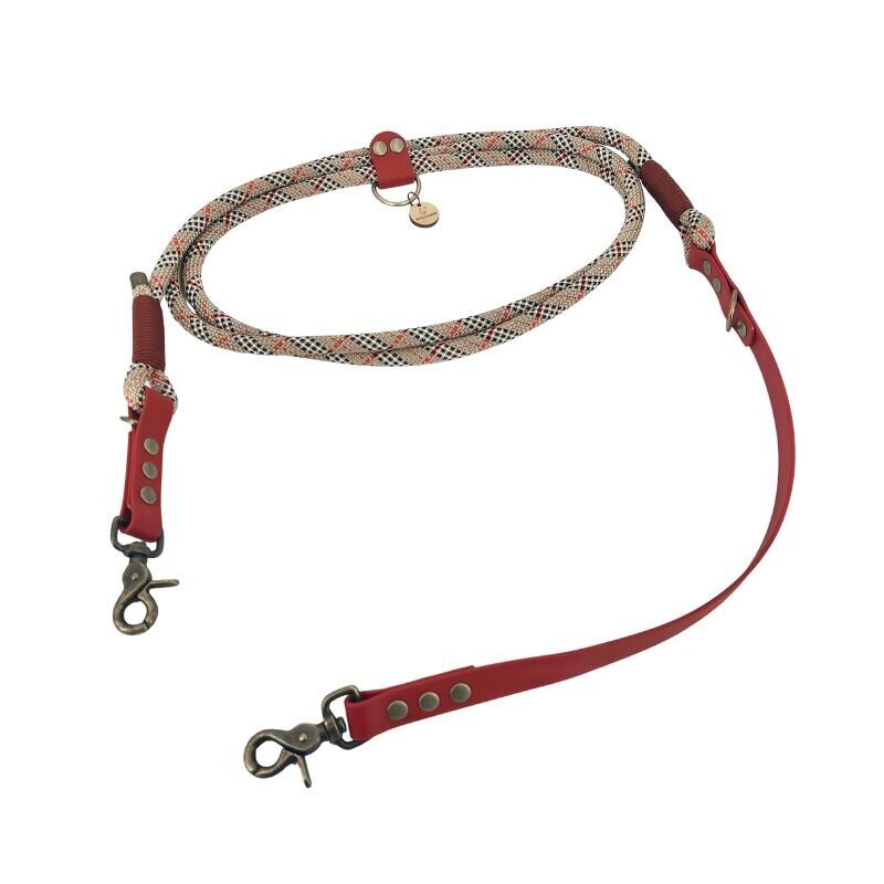 Mehrfach verstellbare Leine, rotes Tartan-Paracord/Biothane