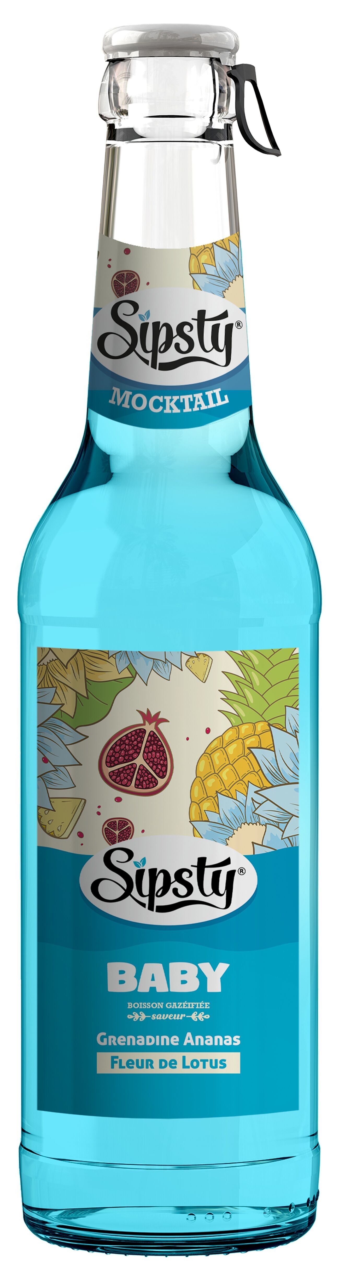 Sipsty Baby, la boisson pétillante à la grenade, à l’ananas et à la fleur de lotus. Un soda fruité et floral, frais et délicatement exotique.