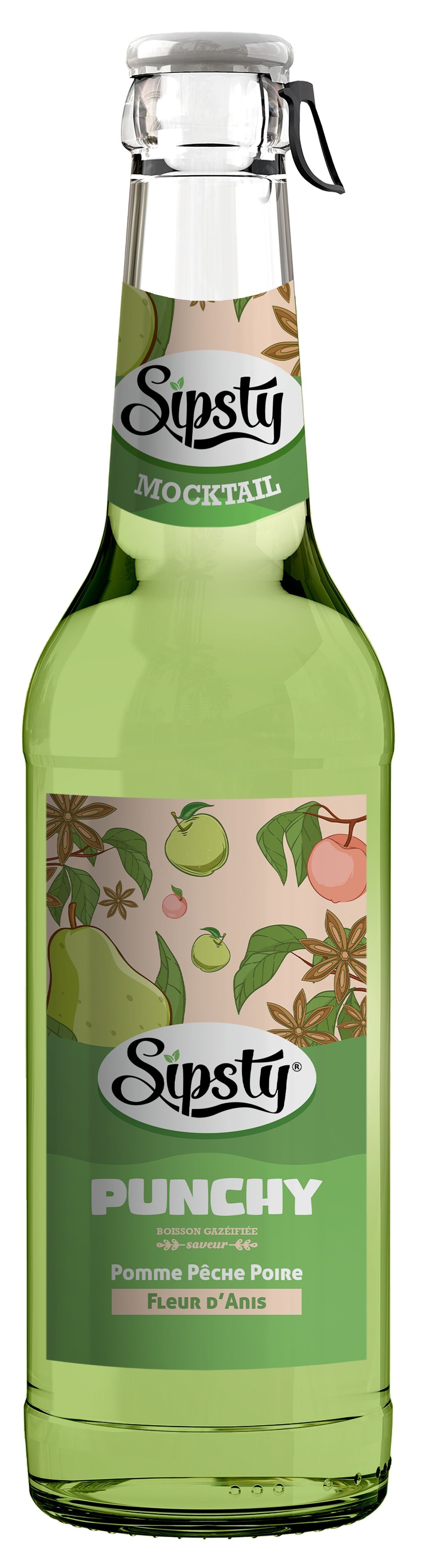 Sipsty Punchy, la boisson pétillante à la pomme, pêche, poire et fleur d’anis. Un mélange fruité, frais et épicé pour une pause pleine d’énergie.