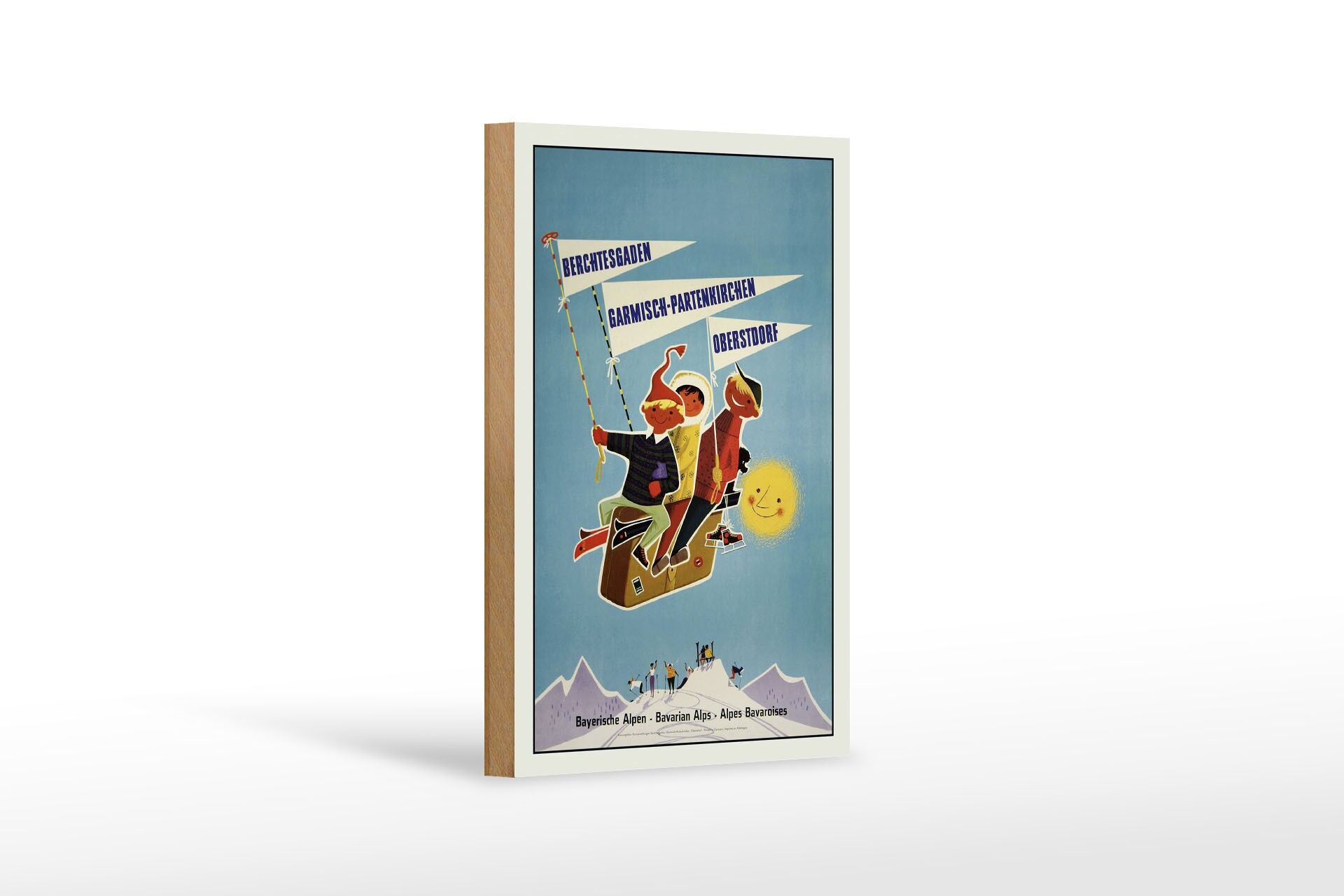 Panneau en bois décoratif sur le thème du voyage, 12 x 18 cm, Alpes bavaroises, enfants sur des valises.