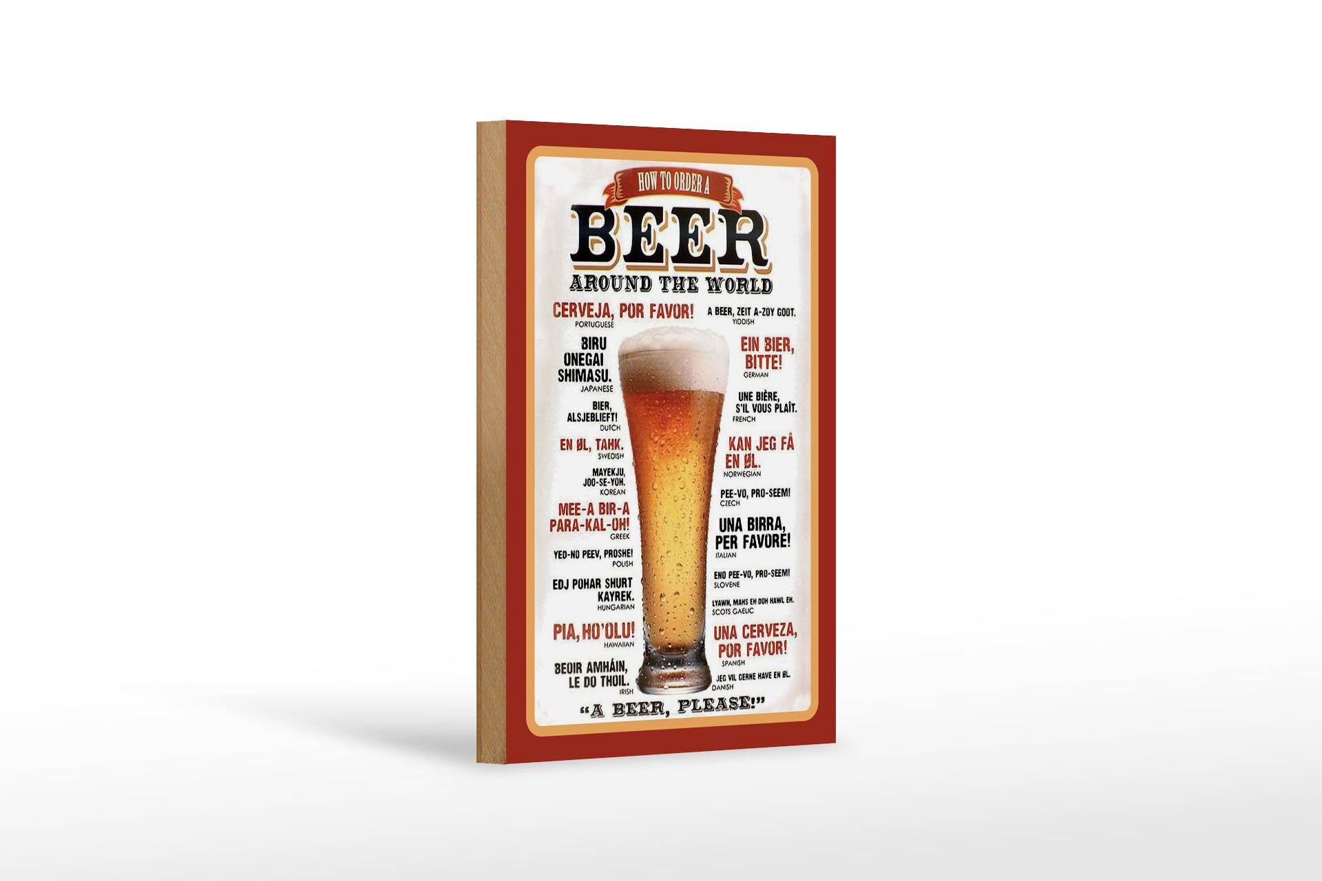 Panneau décoratif en bois « Alcool » 12 x 18 cm : Comment commander une bière à travers le monde